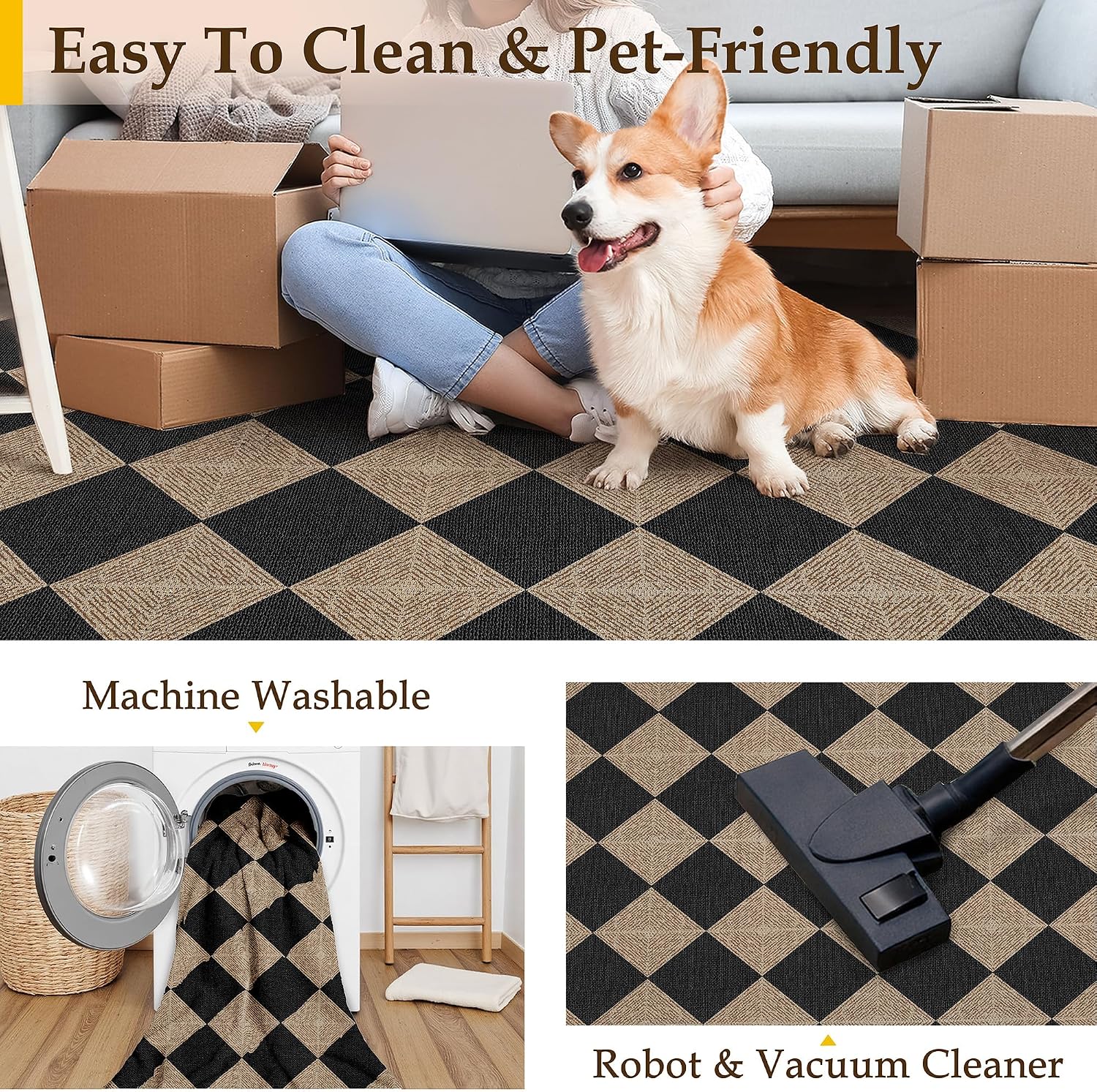 PureCozy 2x8 Checkered Easy Jute Runner Rug Non Slip Hallway Kitchen Washable Outdoor Rug for Entryway Indoor Checkerboard Black Long Indoor Outdoor Textured Diamond Carpet for Bedside Entry Porch