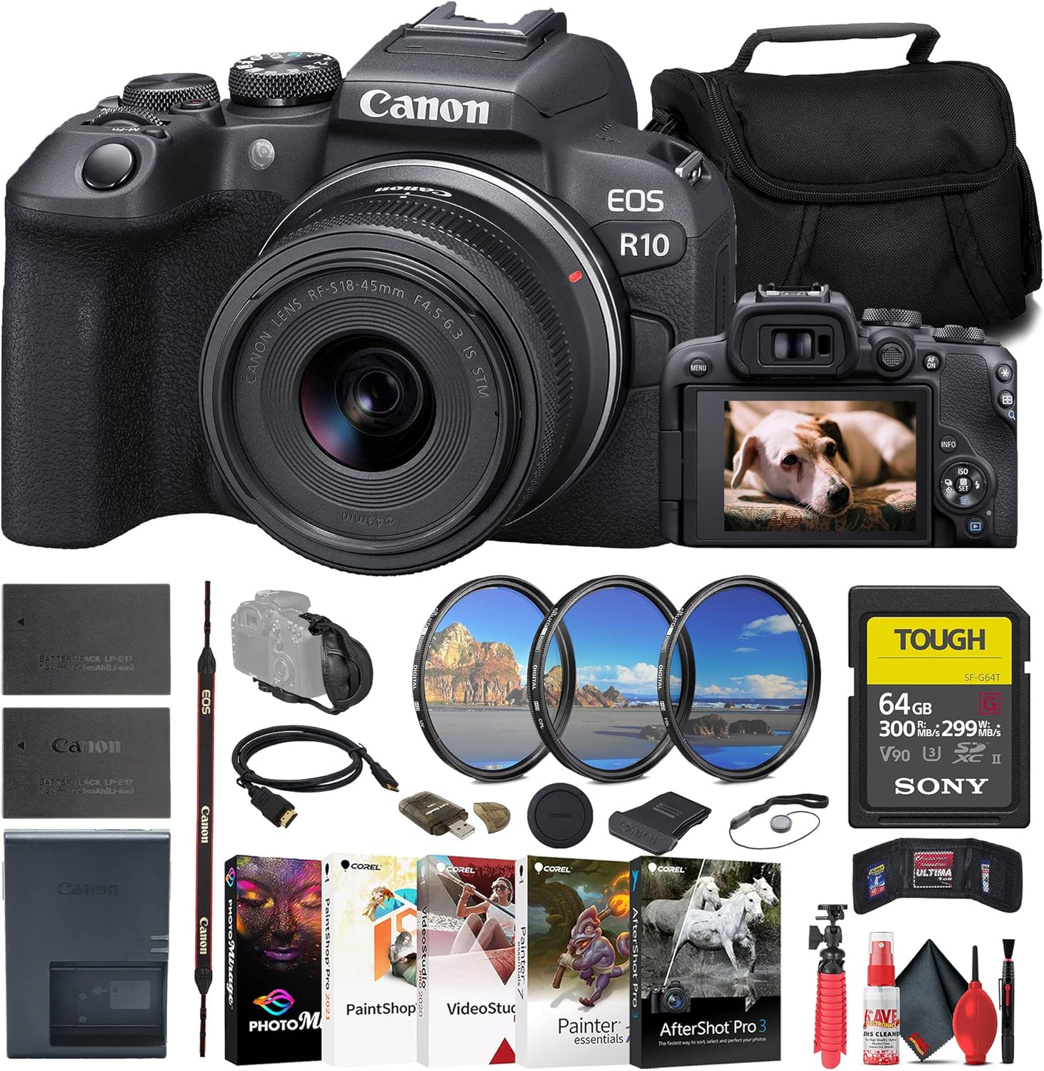 Canon EOS R10 Mirrorless Camera with 18-45mm Lens (5331C009) + Sony 64GB Tough SD Card + Filter Kit + Bag + Charger + LPE17 Battery + Card Reader + Corel Photo Software + HDMI Cable + More