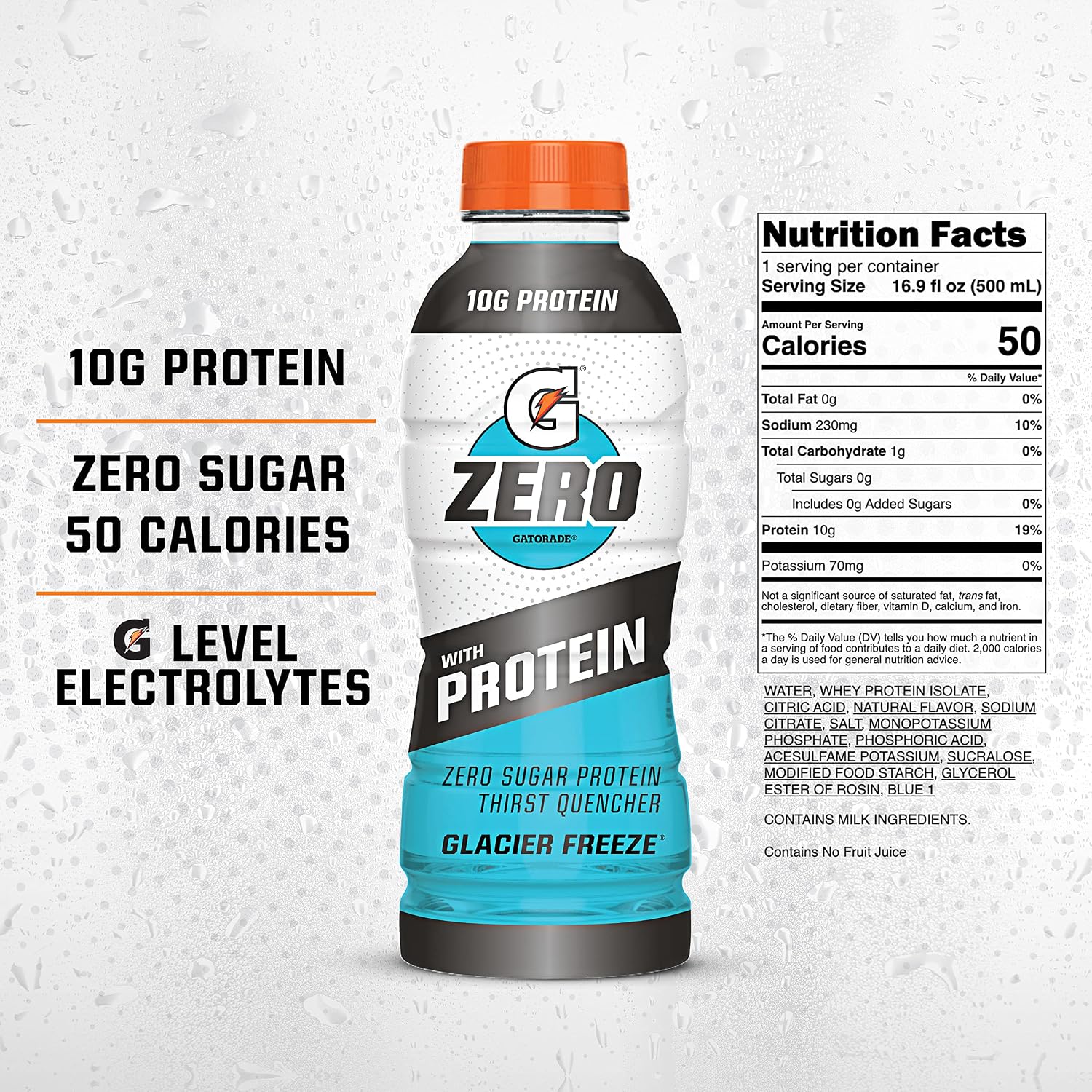 Gatorade Zero With Protein, 10g Whey Protein Isolate, Zero Sugar, Electrolytes, Glacier Freeze