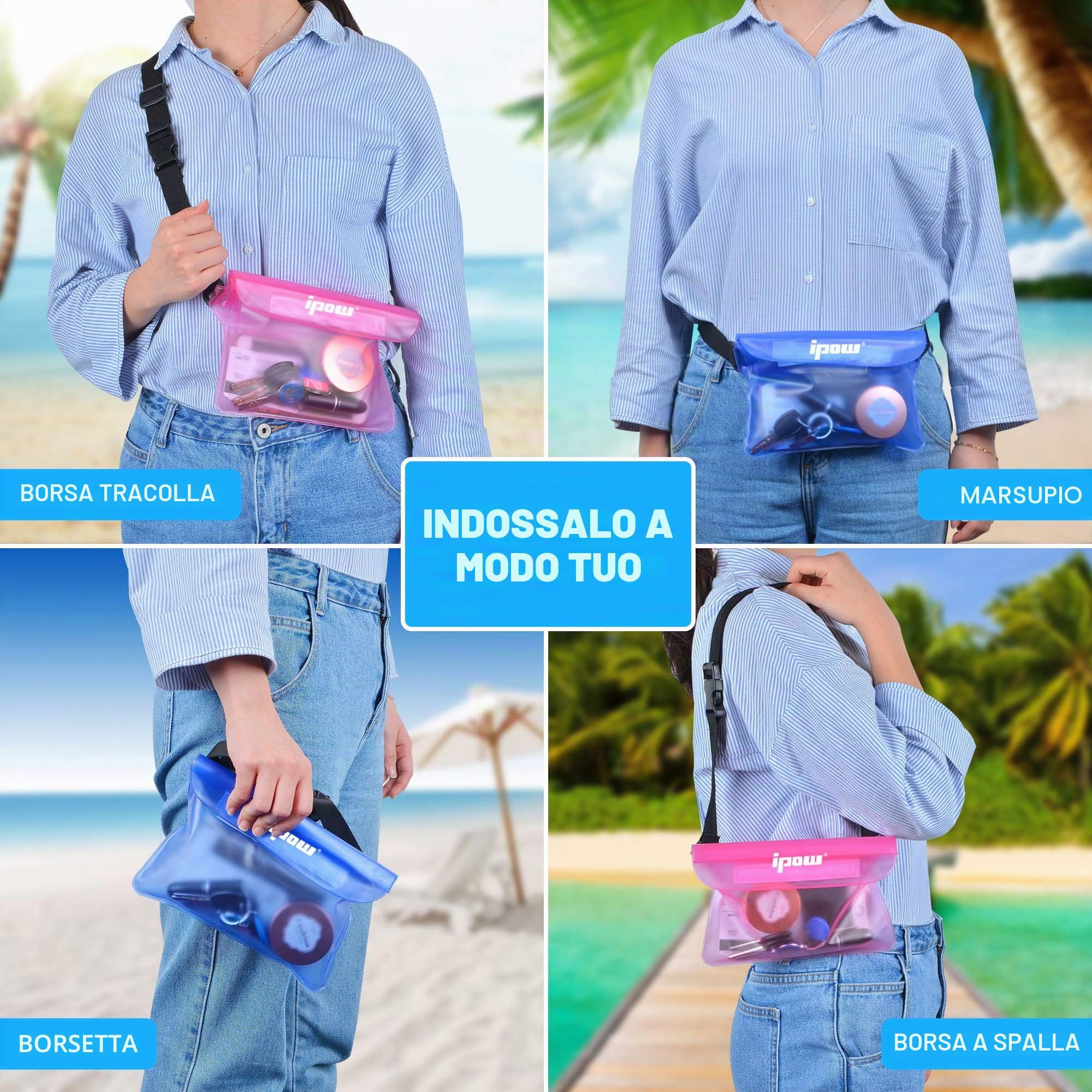ipow 2 PZ Borsa Impermeabile Custodia Impermeabile Marsupio Impermeabile Mare Universale Chiusura a 3 Zip Super Protezione Certificato IPX8 con Cintura Regolabile per Documento Cellulare