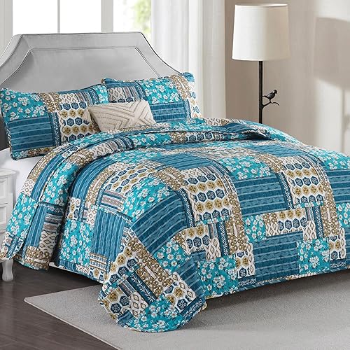 Vista 50 de Mybedsoul - Juego de edredón floral a cuadros color azul aguamarina de 3 piezas tamaño King, bohemio, de microfibra ligera, para todas