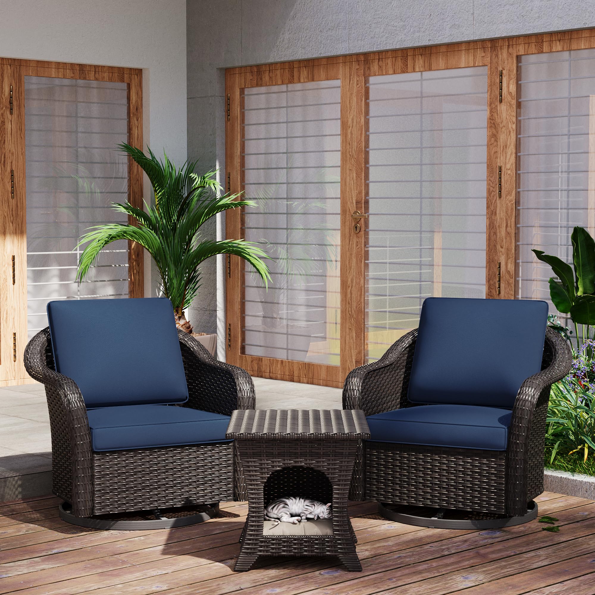MeetLeisure Outdoor Wicker 360 Degree Swivel Glider Rocker Chairs Set of 2 with Cat House Side Table, Patio Conversation Furniture Set with Washable