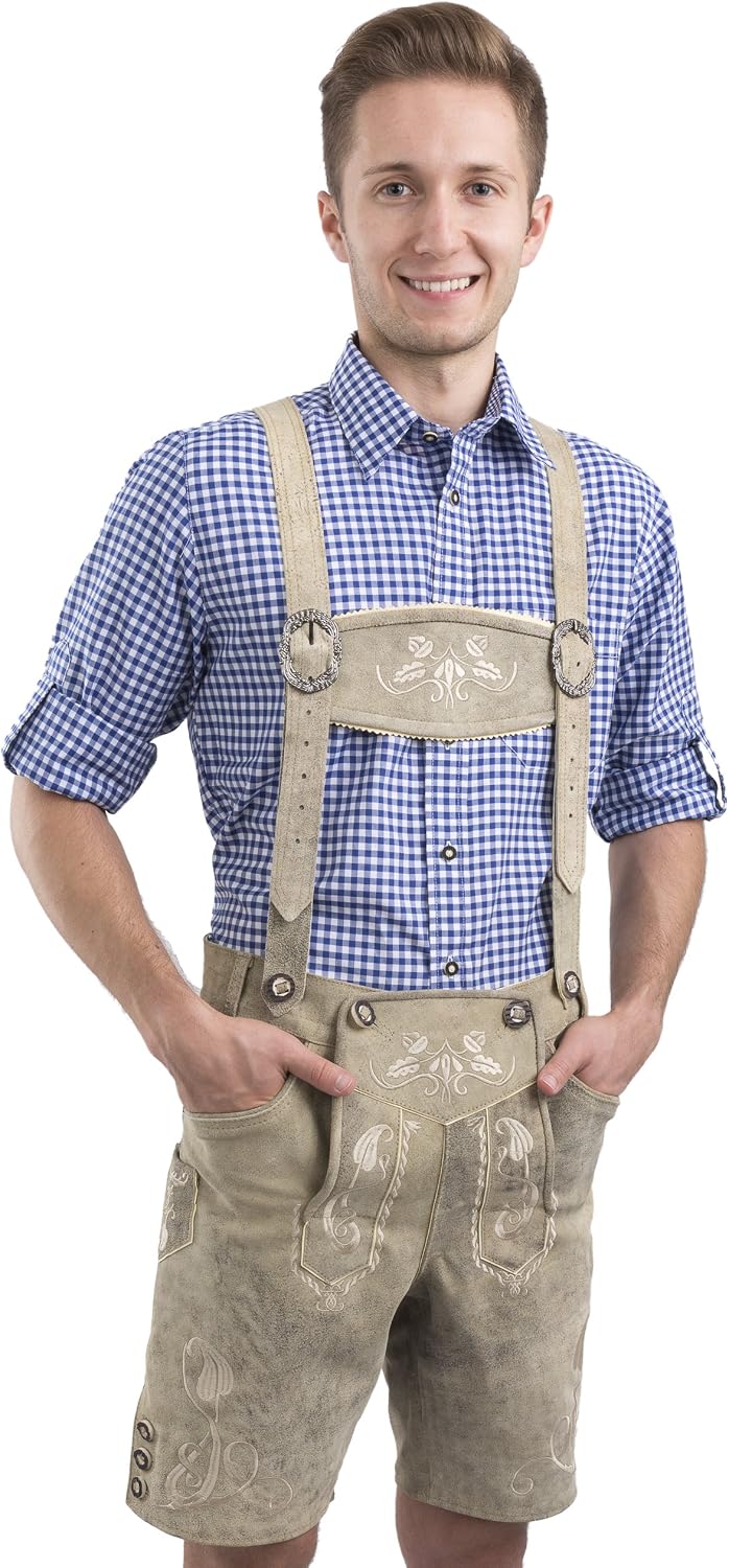 Lederhosen Homme Schöneberger Bergkristall - Cuir Gris Traditionnel Avec Bretelles