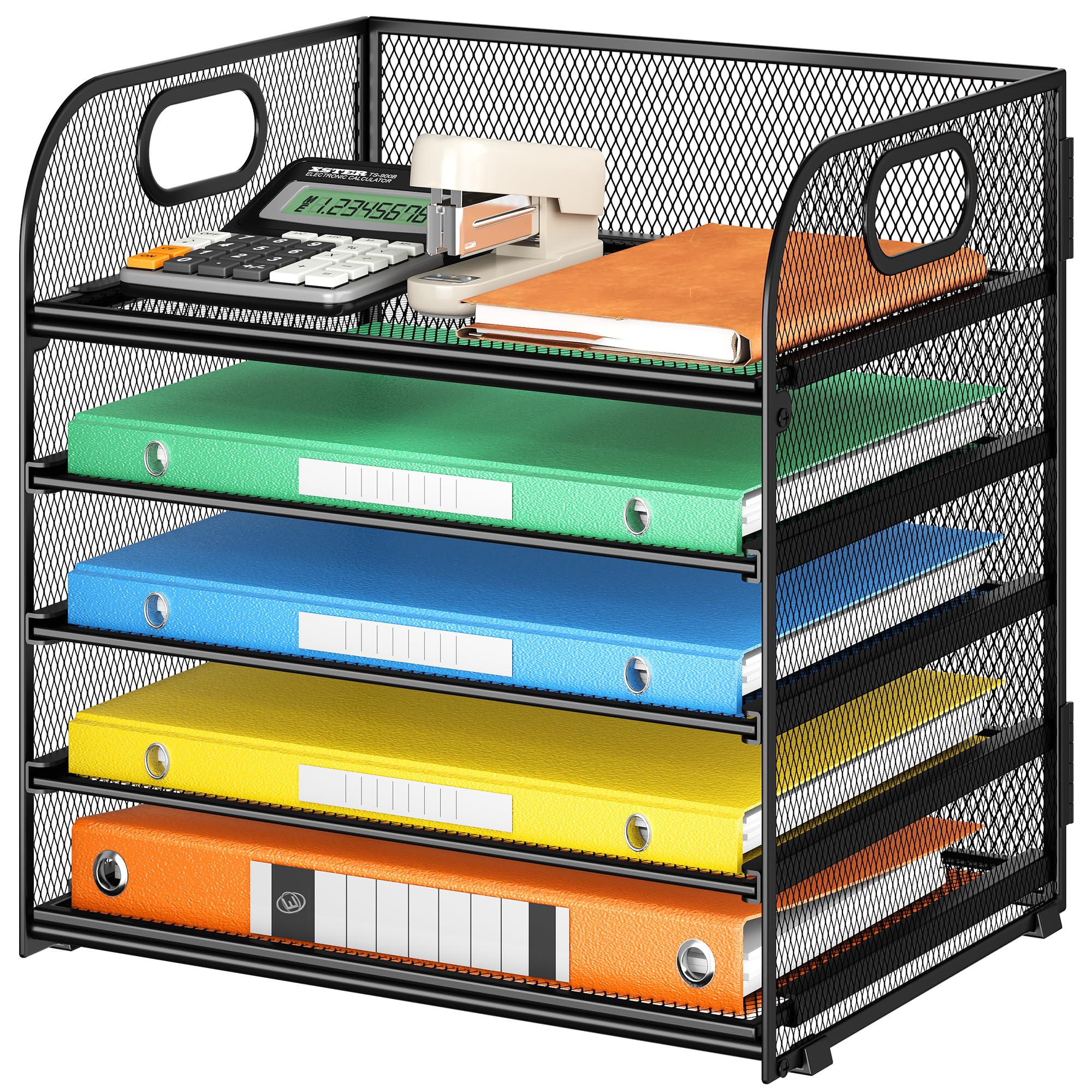 Lavatino 5 Tray Desk File Organizer, Black Mesh Paper Sorter Letter Tray Organizer with Handle, Desktop File Organizer and Storage for Letter/A4