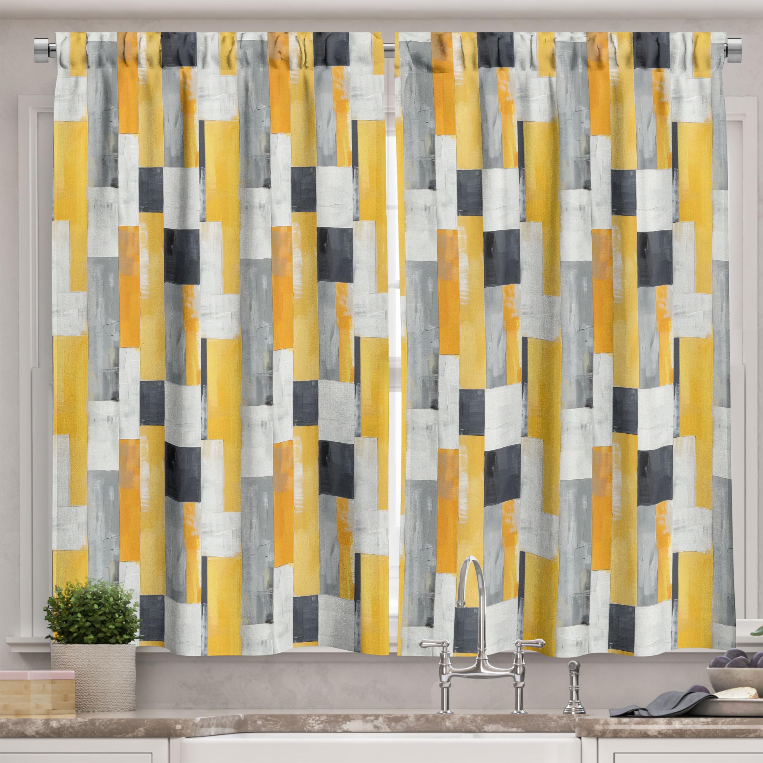 Ambesonne Abstract Kitchen Curtains, Contemporary Watercolor Brushstroke Print Parallel Geometric Shapes, Window Drapes 2 Panel Set for Kitchen Cafe