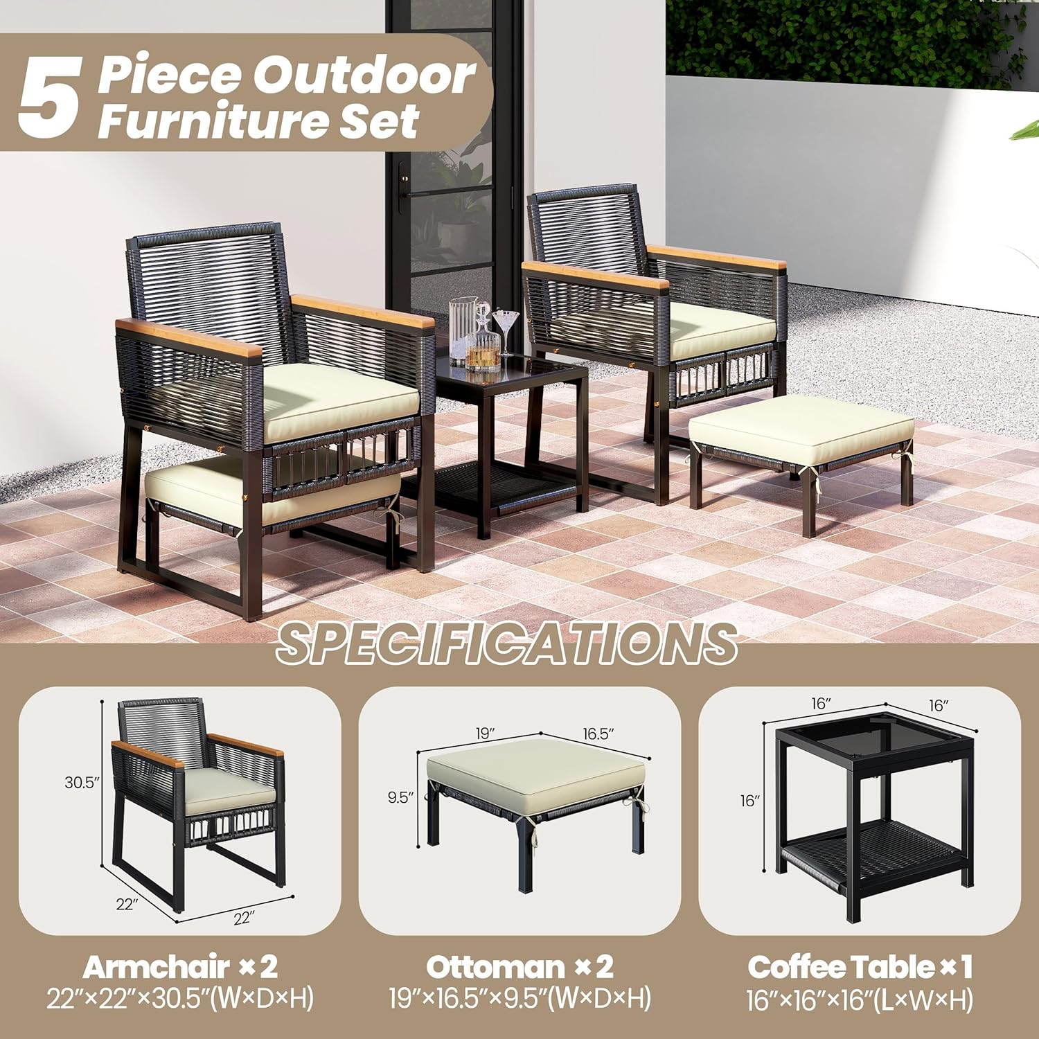 Yaheetech 5-Piece Outdoor Conversation Set, Wicker Rattan Patio Furniture Set w/Rattan Armchairs, 2-Layer Side Table, Ottomans, Acacia Wood Armrests & Metal Frame for Backyard, Porch, Balcony