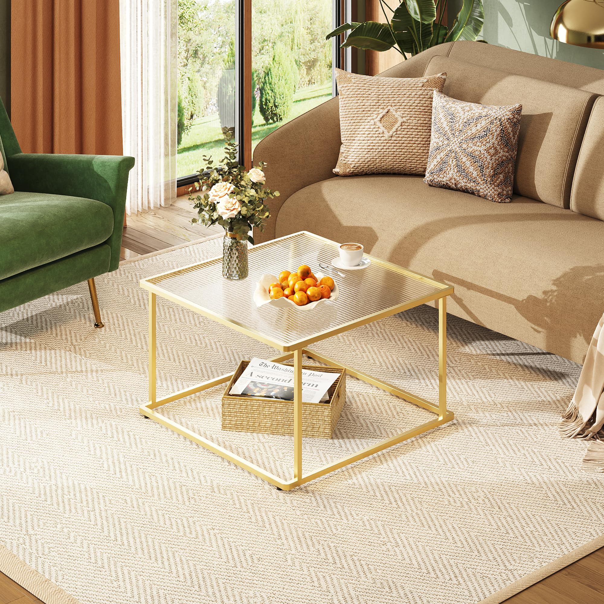 WLIVE Glass Coffee Table Small Modern Coffee Table for Living Room with Wave Textured Glass Metal Frame Square
