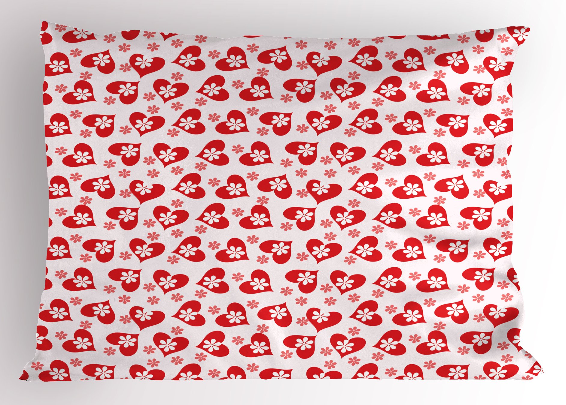 Ambesonne Valentines Pillow Sham, Romantic Feelings Illustration with Hearts and Flowers Valentines Day, Decorative Standard Queen Size Printed Pillowcase, 30