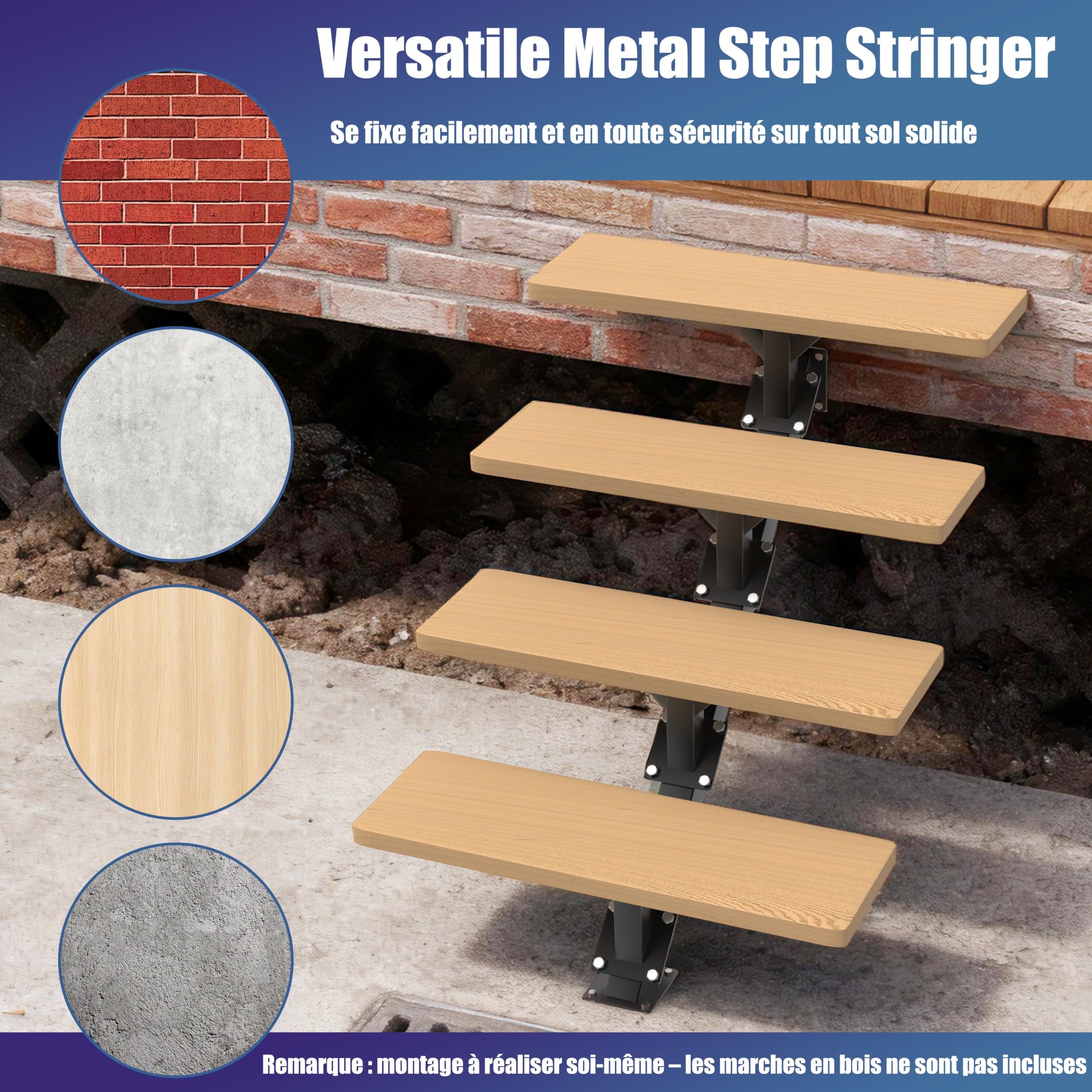 Limons d'escalier métalliques 2 marches, avec Trous pré-percés | contremarches en acier pour terrasse de 33 cm de hauteur,charge maximale 225 kg,extérieures pour terrasse, porche, patio