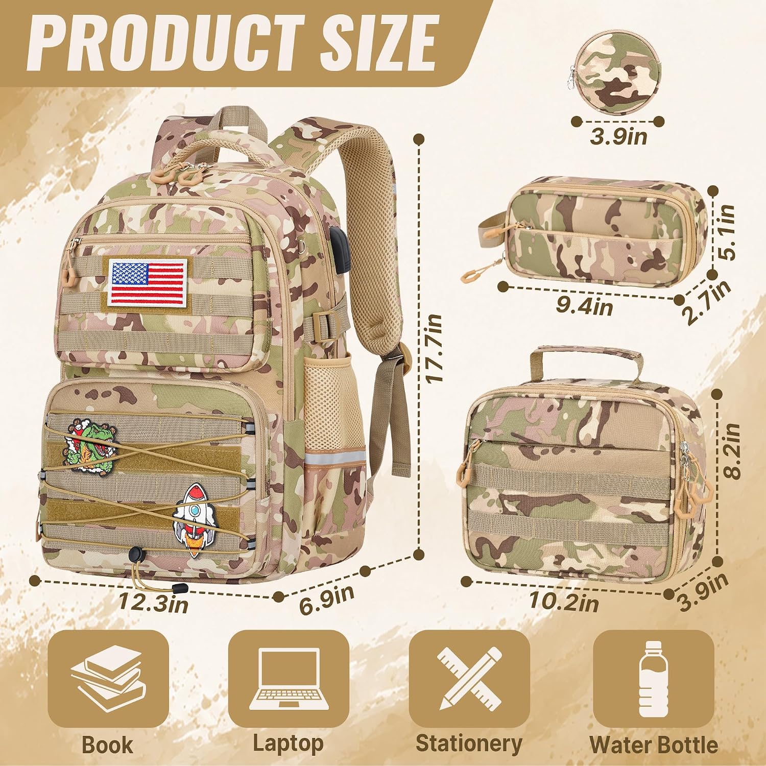Boys Backpack with Lunch Box, 4 PCS Camo School Bookbag for Boys | Large Capacity Elementary Backpack, Back to School Backpack for Kids, Boys & Teens thumbnail