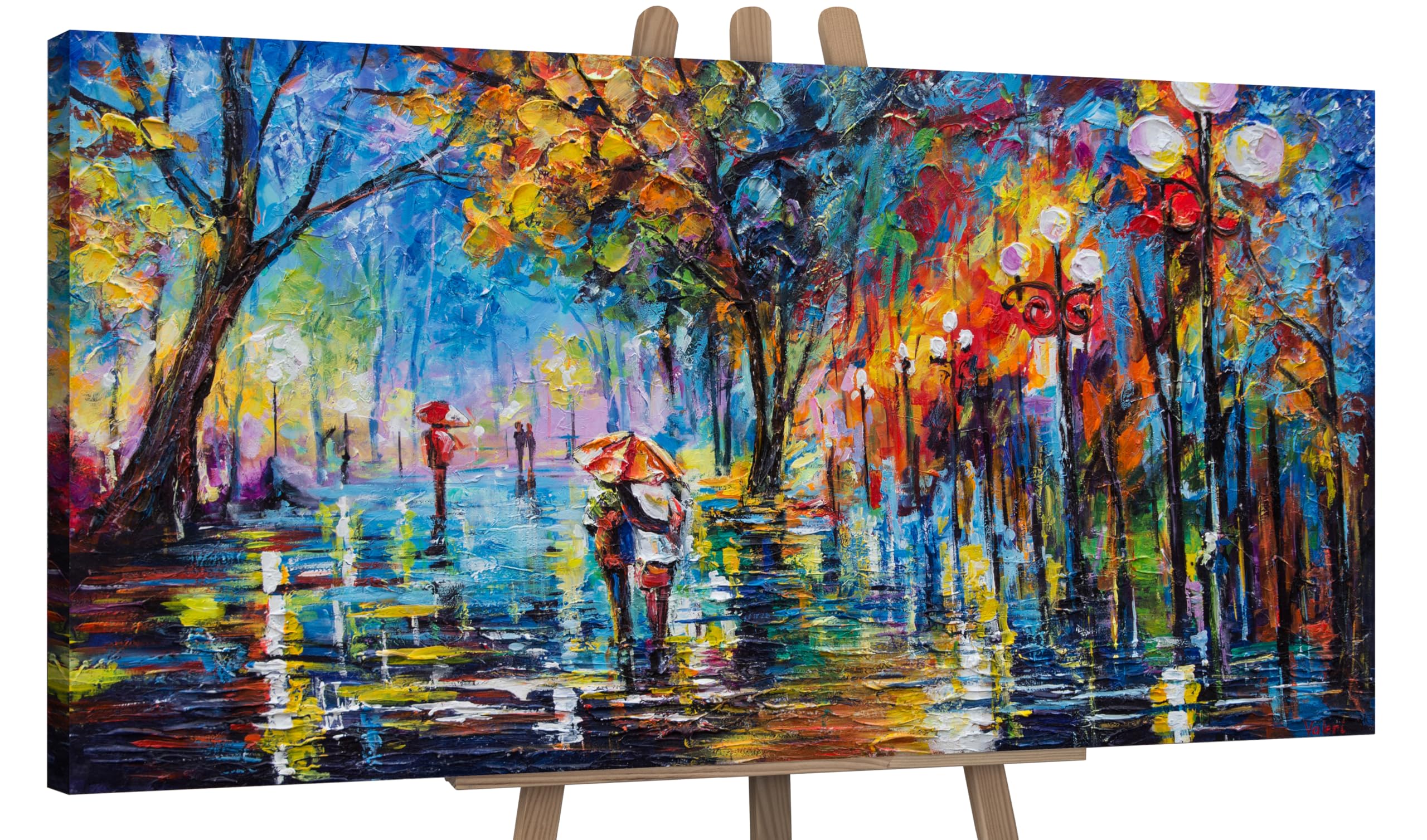 YS-Art Original Handmade Painting – Colorful City Rain Scene with Couple and Umbrella, Wall decoration framed art Home Office Decor 56x28 inch