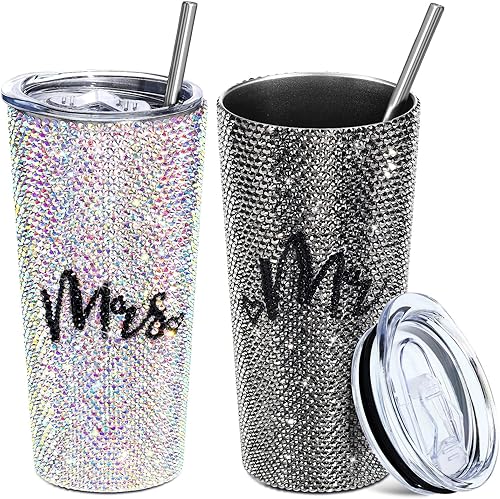 Yoande Bling Diamond Mr and Mrs - Juego de 2 vasos de viaje aislados de acero inoxidable con tapas regalo de compromiso de boda para novia y novio