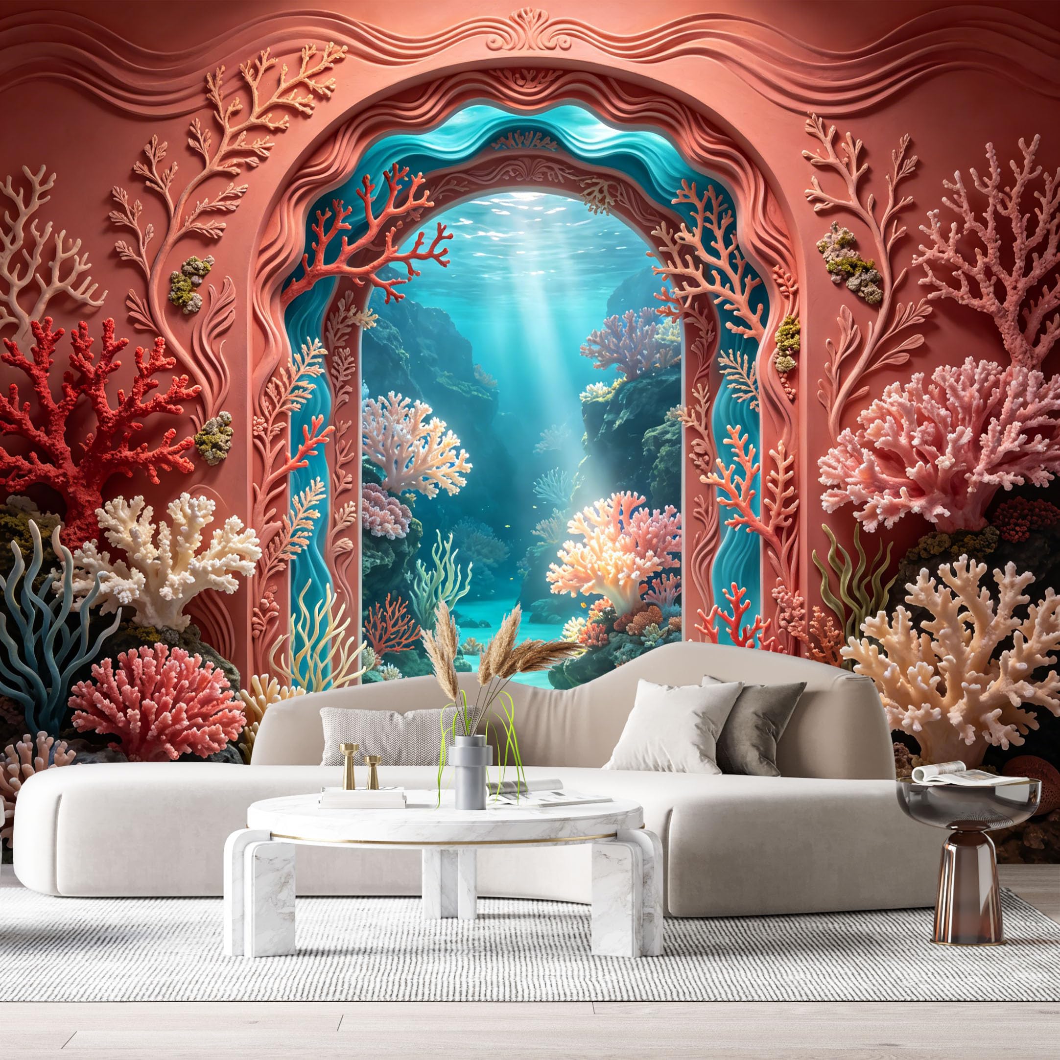 Custom Size Wall Murals Ocean Marine Underwater Coral Reef Fish 3D Trompe L'Oeil SelfAdhesiveWall Fabric Removable Wallpaper Wall Decor for Living Room Bedroom Bathroom