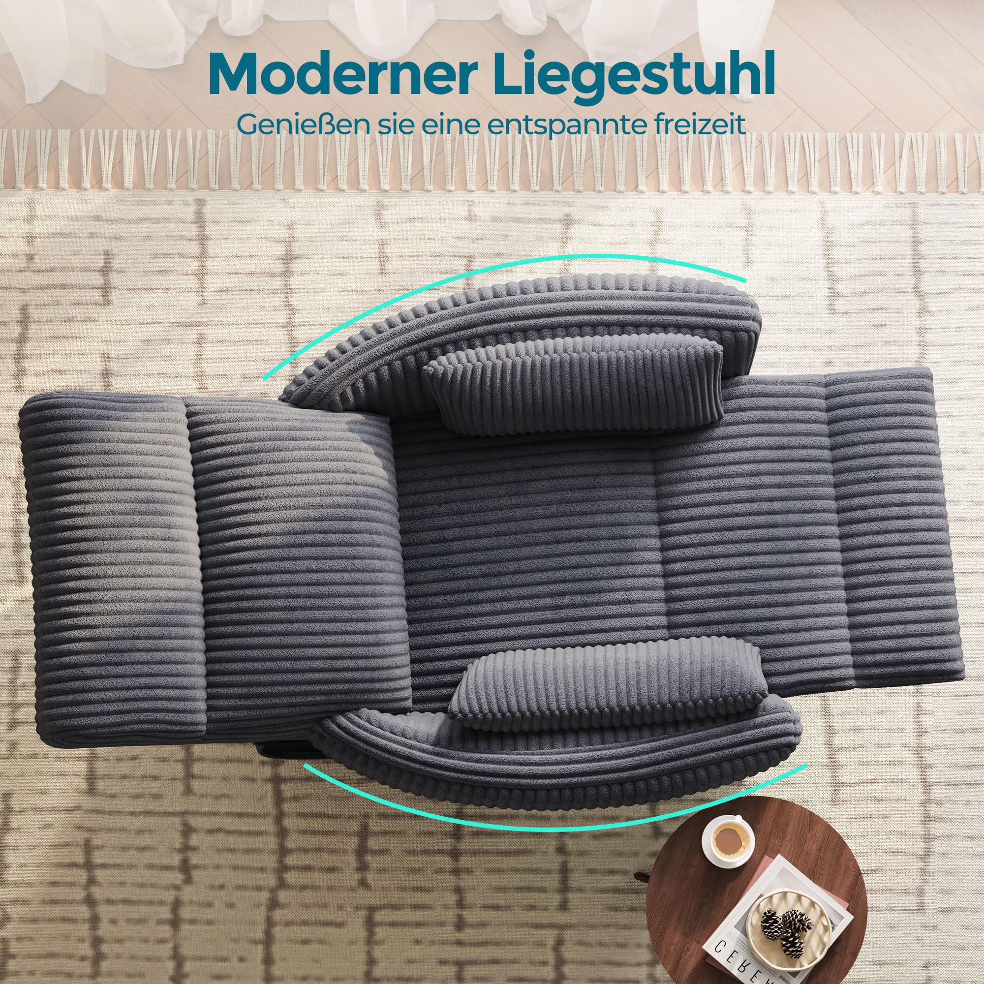 LINSY HOME 360 Swivel Nursery Relaxsessel, Corduroy TV Sessel mit 2 Kissen, Komfortabler High Back Sessel mit Liegefunktion für Kleine Räume, Kinderzimmer, Schlafzimmer, Wohnzimmer, Grau