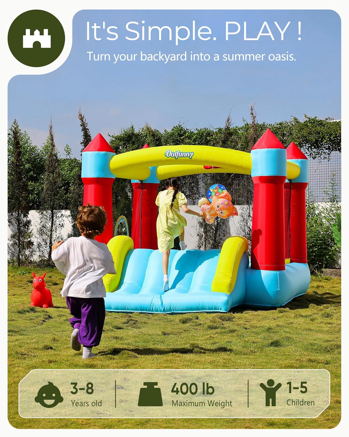bounce house with slide, inflatable bouncy house for kids 3-8, outdoor&indoor, bounce area 8'x8', capacity 400 lb - blue