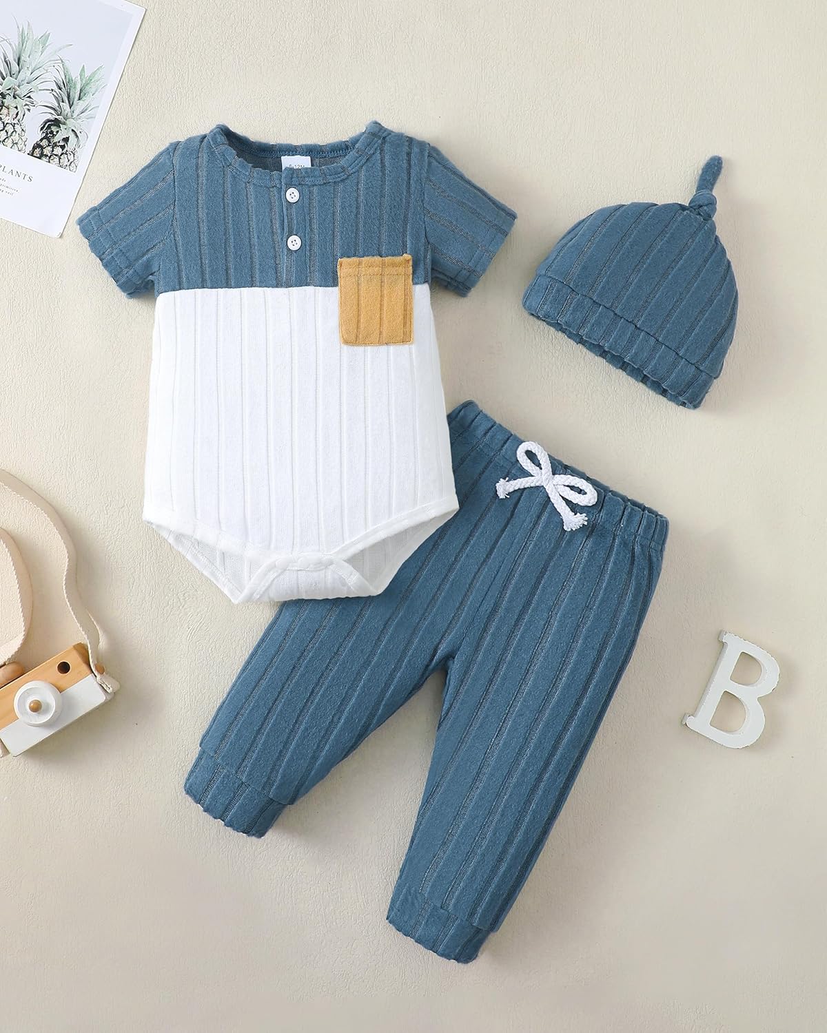 Renotemy Preemie Newborn Boy Summer Clothes Gift Short Sleeve Button Romper Baby Boys Bodysuit Long Pants Outfit Set with Hat - Image 4