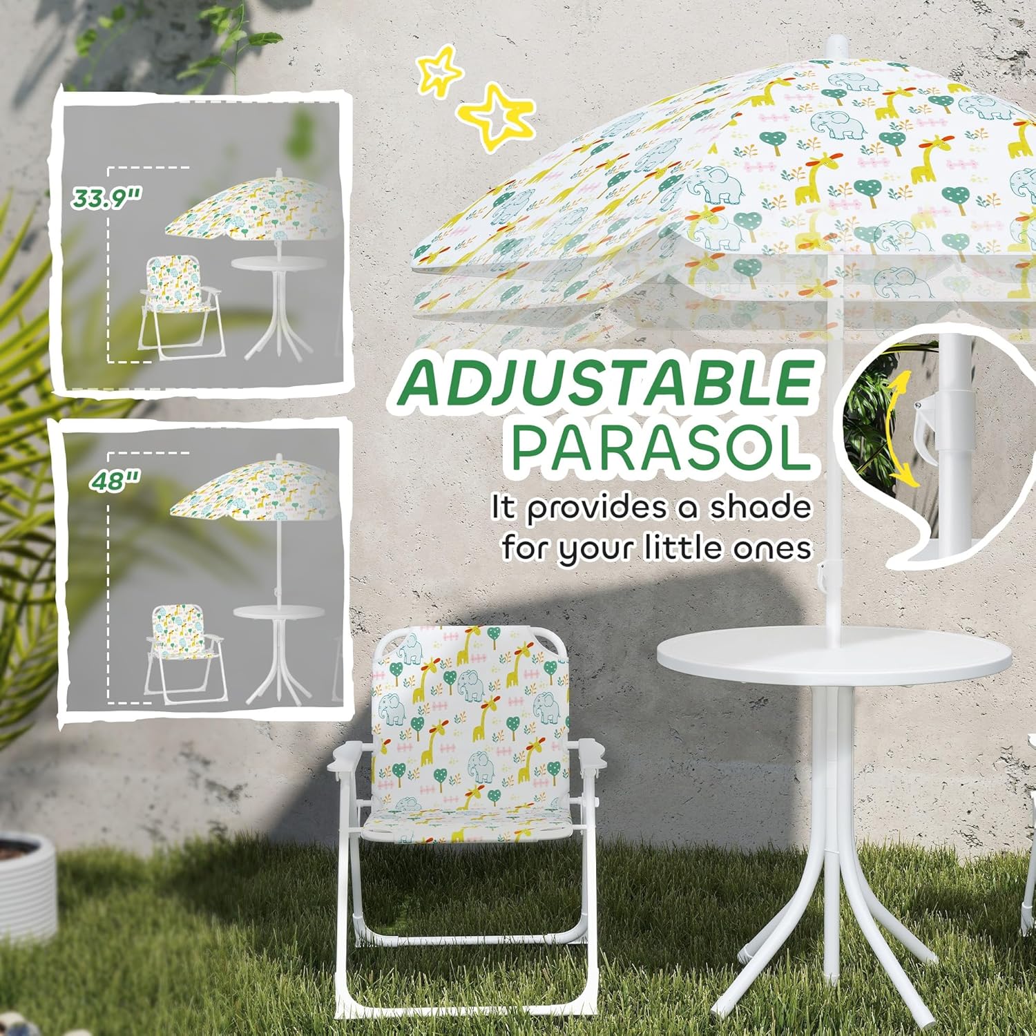 Qaba Kids Picnic Table and Chair Set, Outdoor Activity Table with Foldable Chairs, Removable Umbrella, Elephant and Giraffe Pattern Toddler Patio Furniture for Backyard, Garden, White