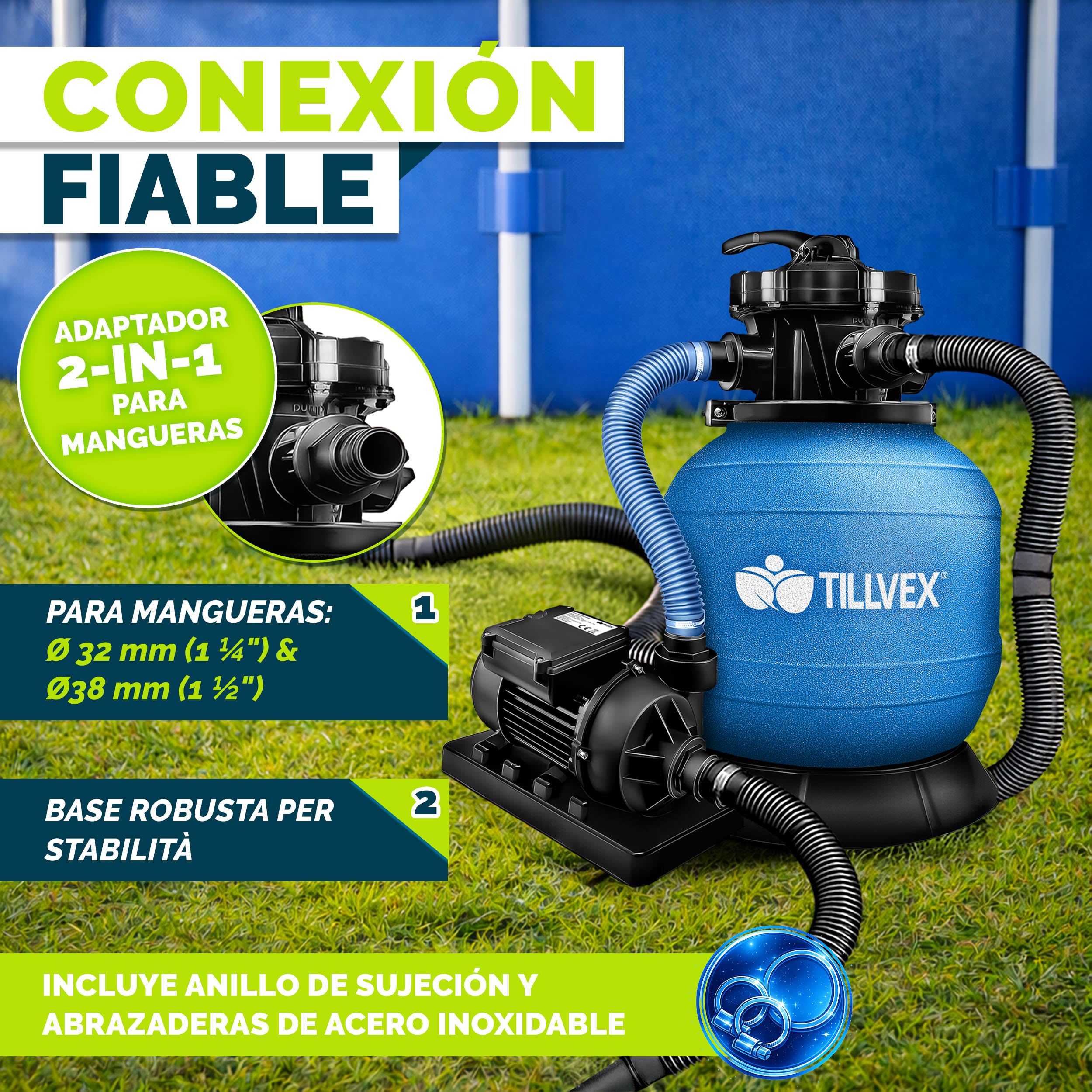 tillvex Depuradora de Agua para Piscina 7.900L/h + 400g Bolas de Filtro | 7 Funciones de Filtrado & Adaptador Ø32-38mm | Filtro de piscina con indicador de presión (Azul)