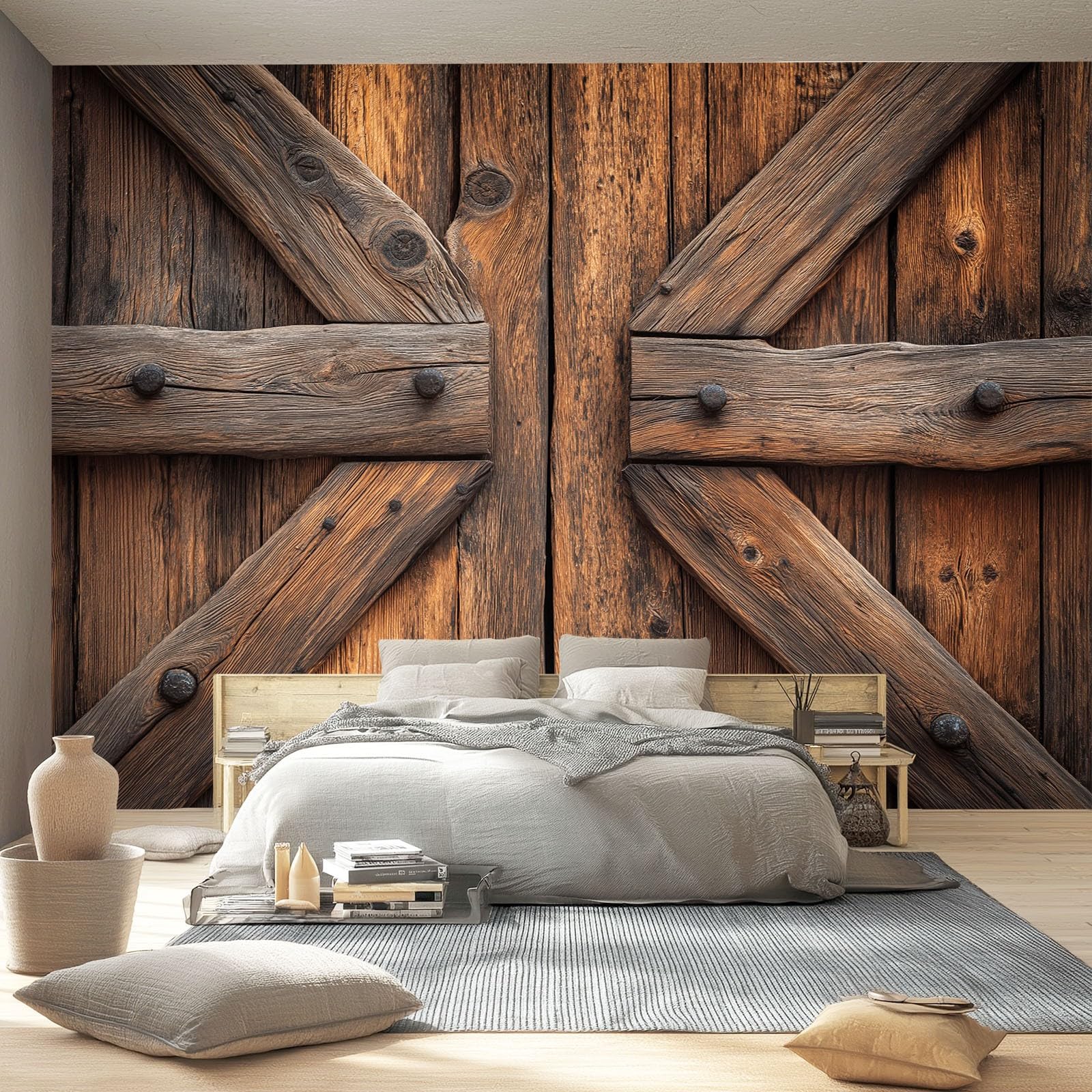 Tapeta 3D z włókniny drewniane drzwi 400 x 280 cm styl retro tapeta dekoracja ścienna do salonu sypialni ciemnobrązowa