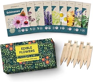 100% Edible Flower Seeds for Planting - Certified Organic Seeds - 9 Flower Garden Non GMO Plant Seed Packets & Plant Marke...