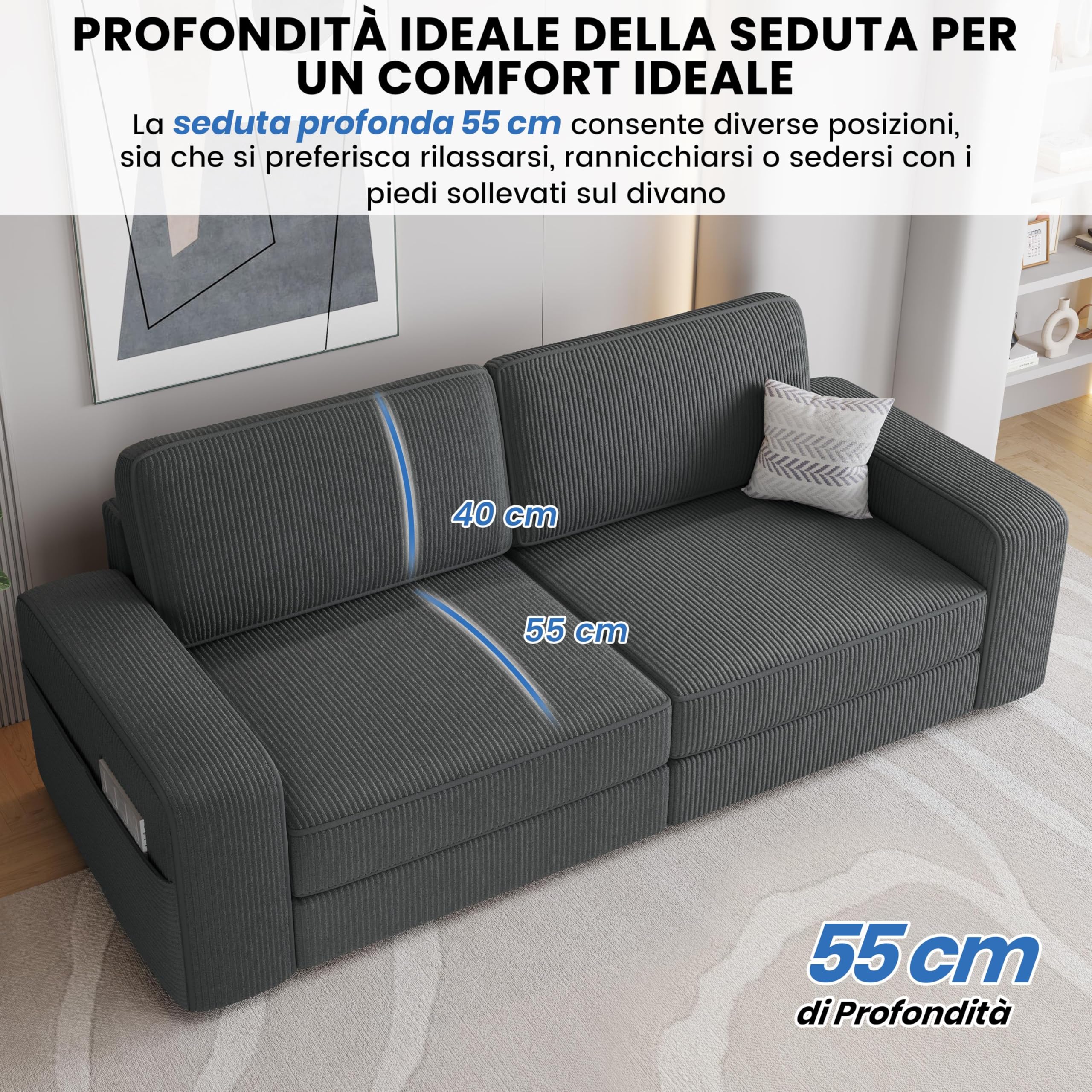 Yaheetech Divano a 2 Posti Divanetto Imbottito con Tasche Laterali | Sofa con Braccioli e Schienale per Salotto Soggiorno 212 × 81.5 × 83.5 cm Grigio/Velluto