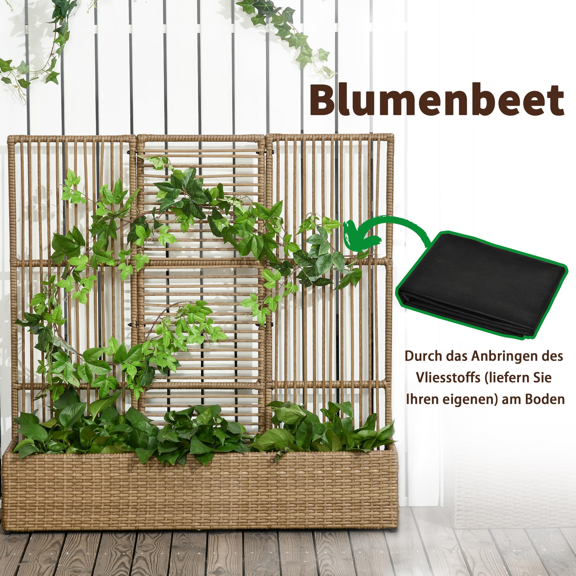 Outsunny Hochbeet mit Rankgitter Rattan-Optik 103 x 29 x 103 cm Sand | Pflanzkasten mit Rankhilfe, für Kletterpflanzen, Blumenkasten, Blumenbeet, Pflanzkübel, Rankkasten, für Garten, Balkon
