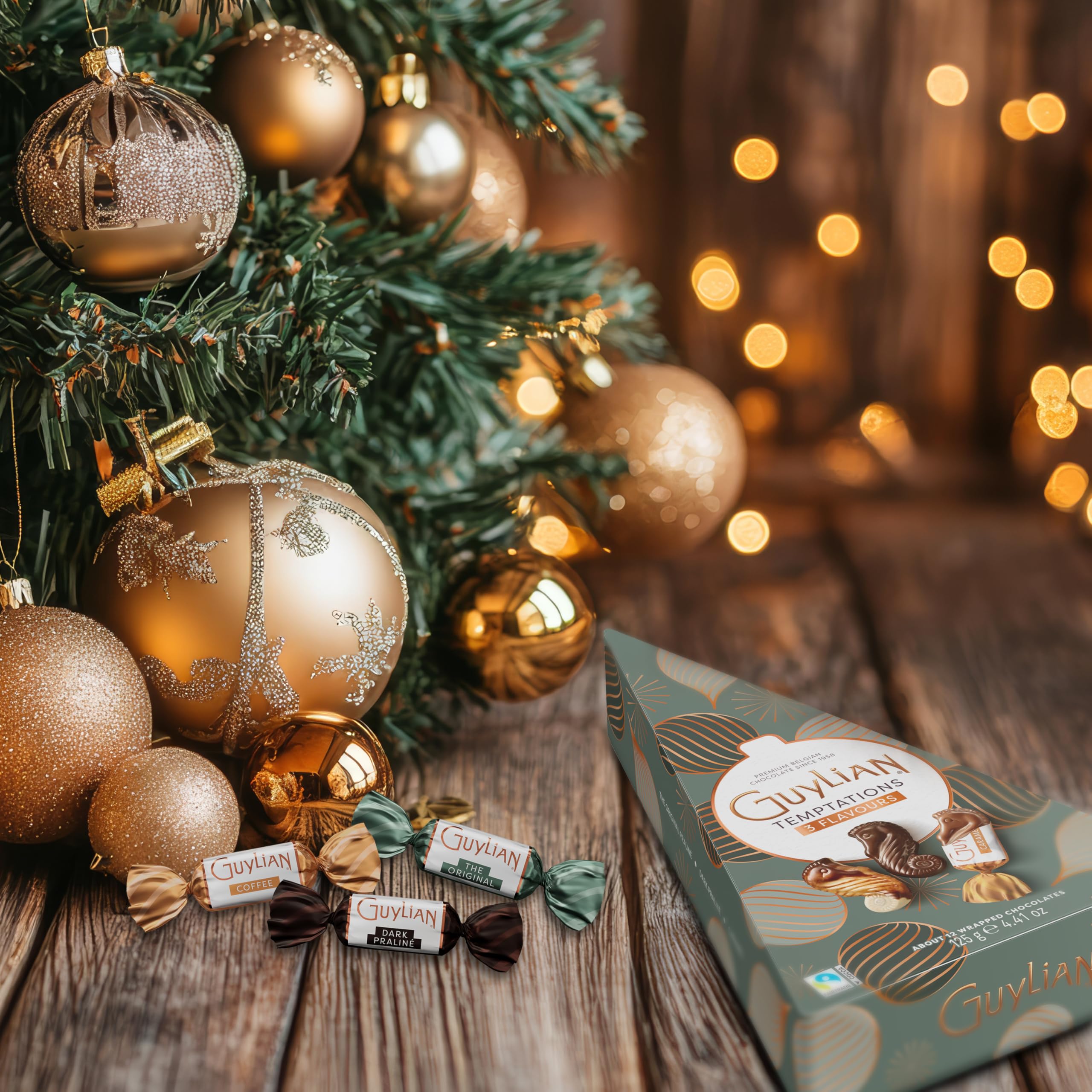 GuyLian Temptations Weihnachtsbaum 125g – Festliche Geschenkbox in Tannenbaumform mit 12 Belgischen Pralinen, 6-fach sortiert – Fairtrade-zertifiziert – Premium Genuss zu Weihnachten