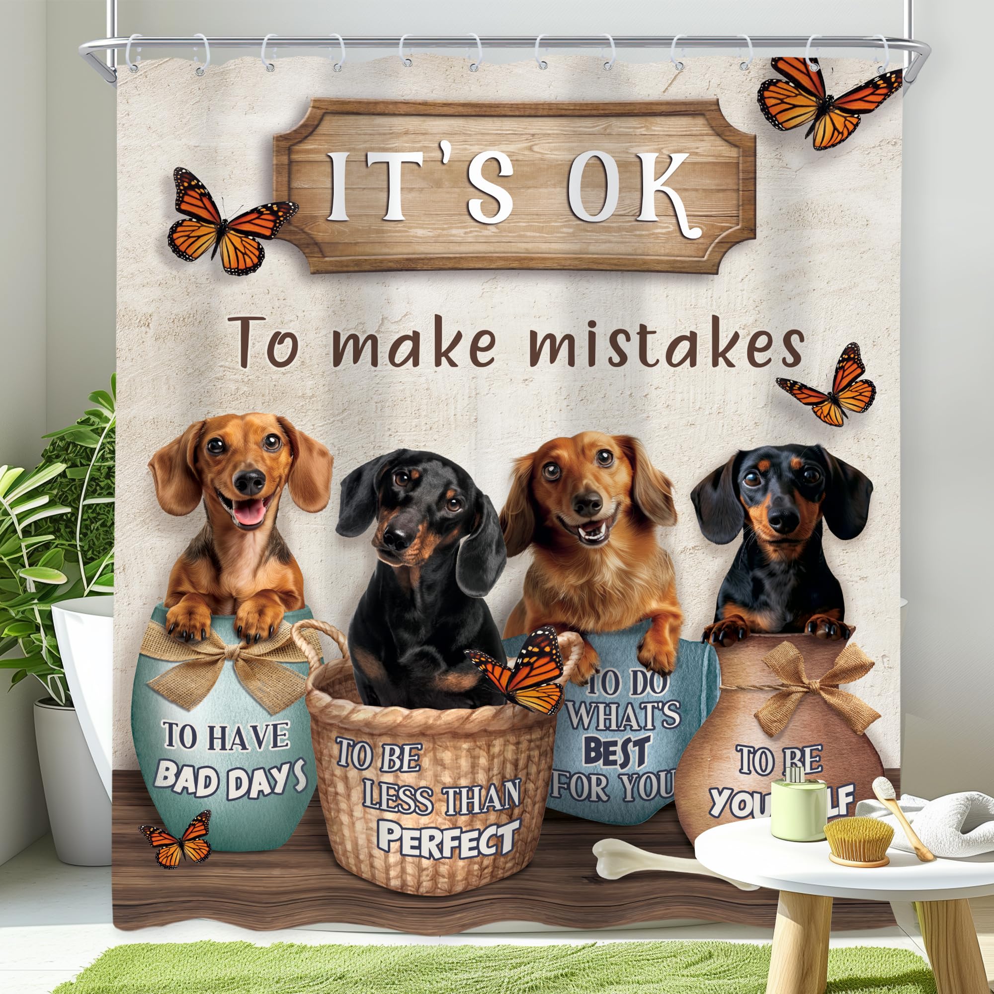 Newsely Funny Dachshund Dogs Shower Curtain 60Wx72H Inch Kids Boys Inspirational Motivational Quotes Shower Curtain Bathroom Set Cute Animal Puppy Pet