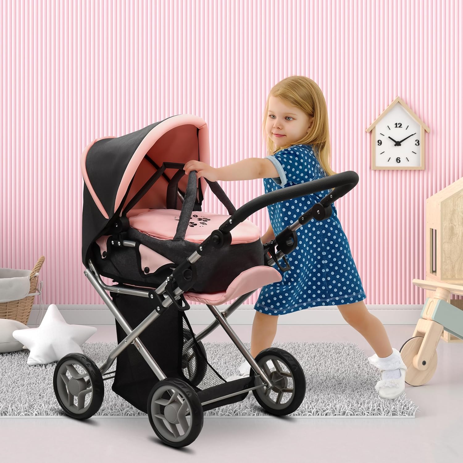 Baby Doll Convertible Pram Stroller with Removable Travel Bassinet Carrier for Kids Adjustable Handle Buggy Carriage with Canopy and Storage Basket 25 Inch Pink, Black