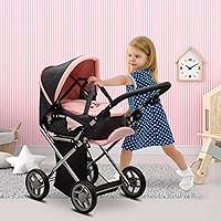 Vista 6 de Cochecito Convertible de Muñeca de Bebé con Portabebés de Viaje Extraíble para Niños, Mango Ajustable, Cochecito con Toldo y Cesta