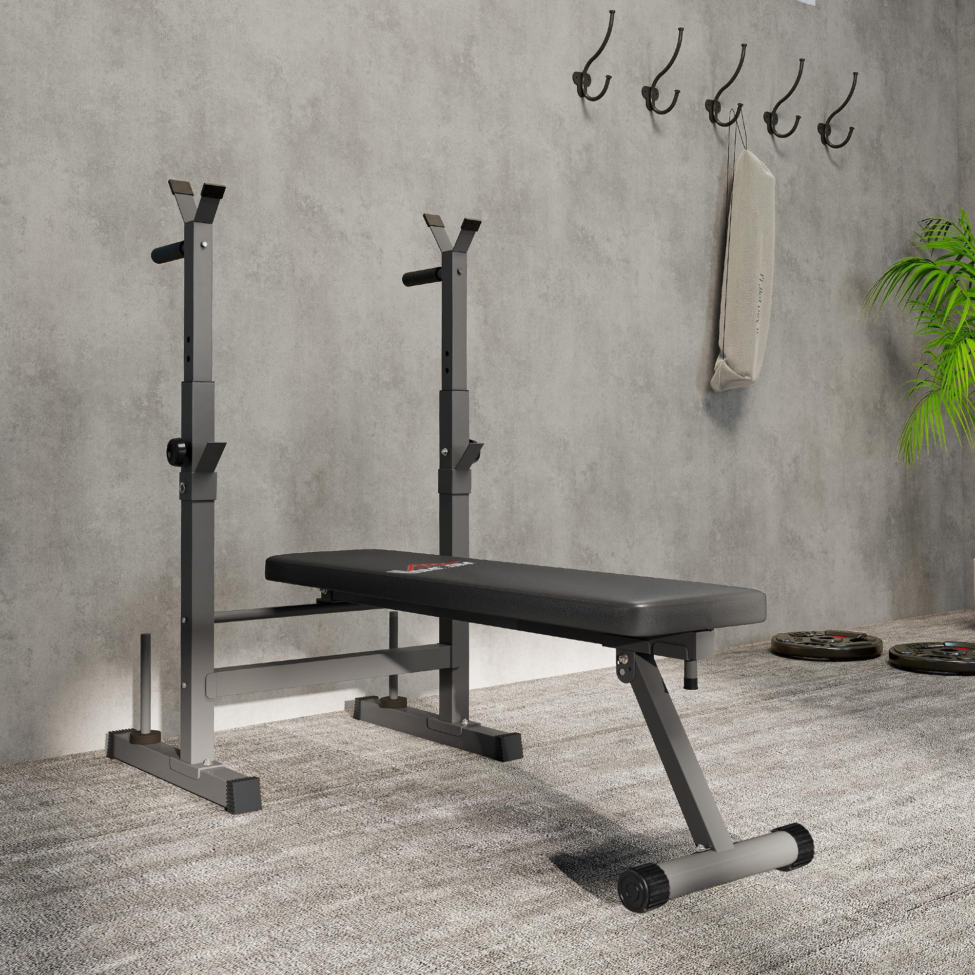 HOMCOM Panca da Palestra Pieghevole con Supporto per Bilanciere Regolabile in 8 Posizioni, Panca Pesi in Acciaio e PU per Palestra Casa, Portata 220 kg, 140x73x98-122 cm