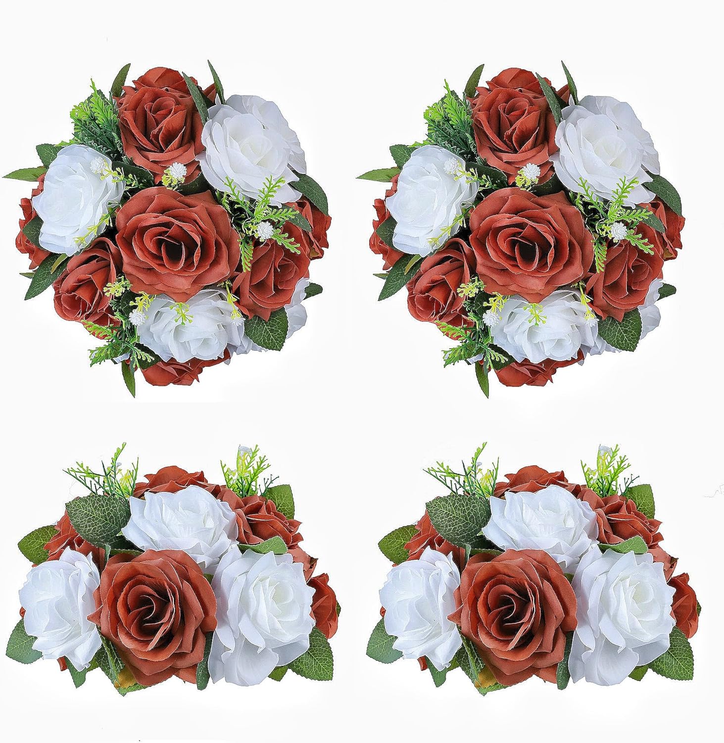 LVEFIT 4 Pcs Flower Balls White Burnt Orange Flowers Artificial Rose for Wedding Centrepieces 9.5in Diameter Flower Ball Arrangement Bouquet Fake Rose Flowers Party Centerpieces for Weddings Tables