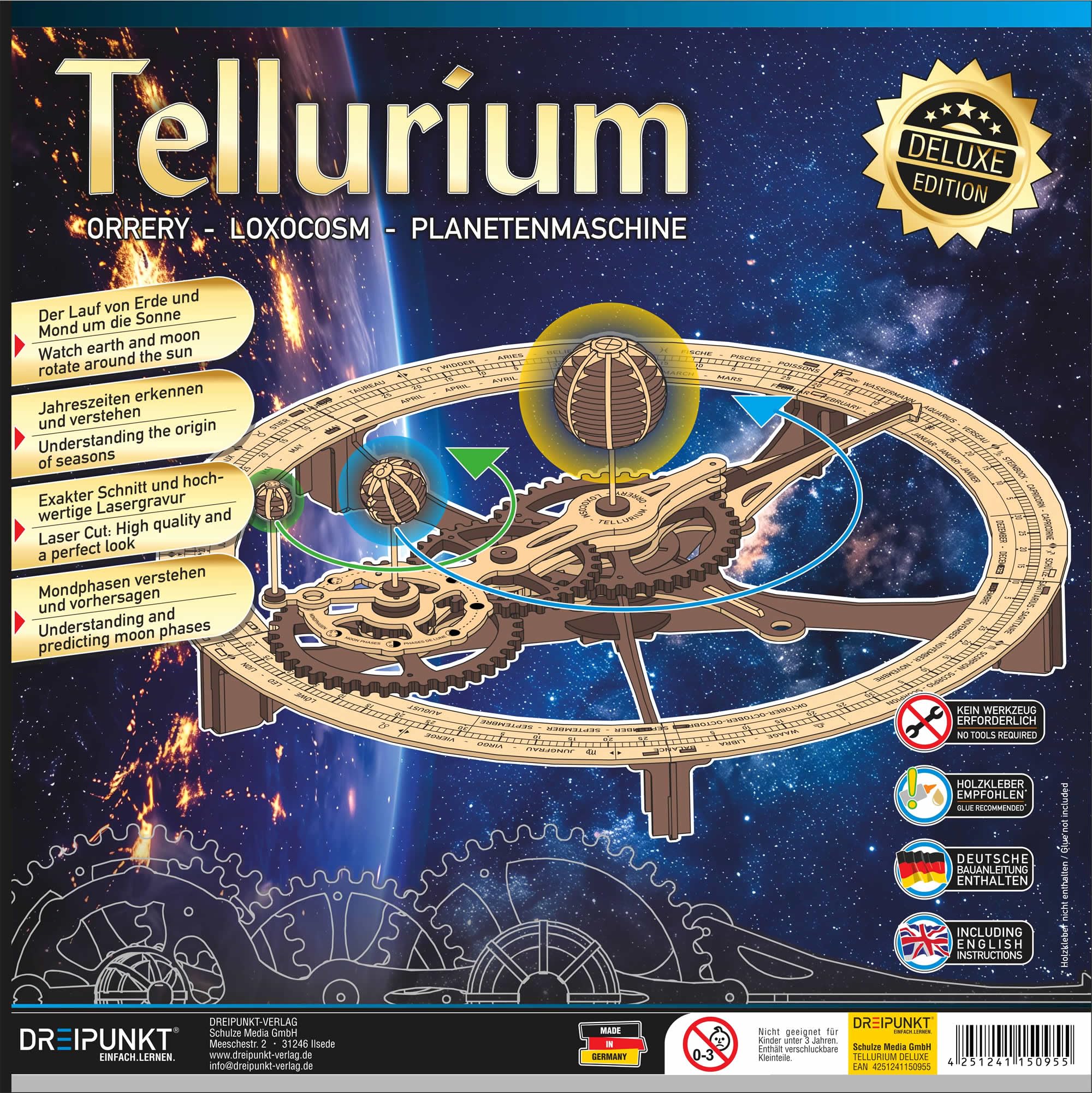 Bausatz Tellurium Deluxe: Detaillierter Holz-Modellbausatz eines funktionsfähigen Telluriums in der hochwertigen Deluxe-Ausführung..
