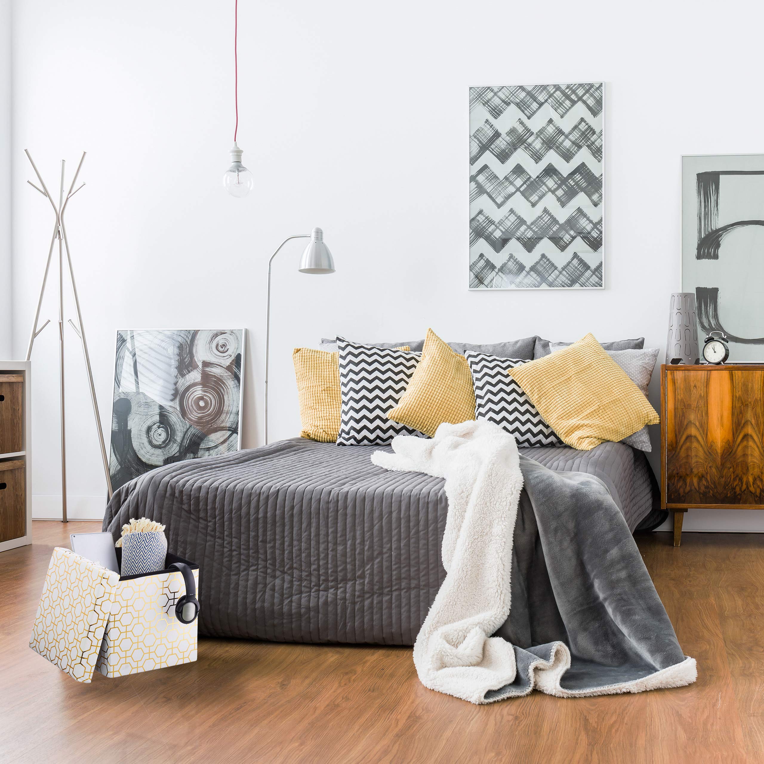 Relaxdays Pouf Pieghevole, Sgabello Imbottito con Coperchio, Motivi Geometrici, Spazioso, HLP: 38x38x38 cm, Bianco-Oro