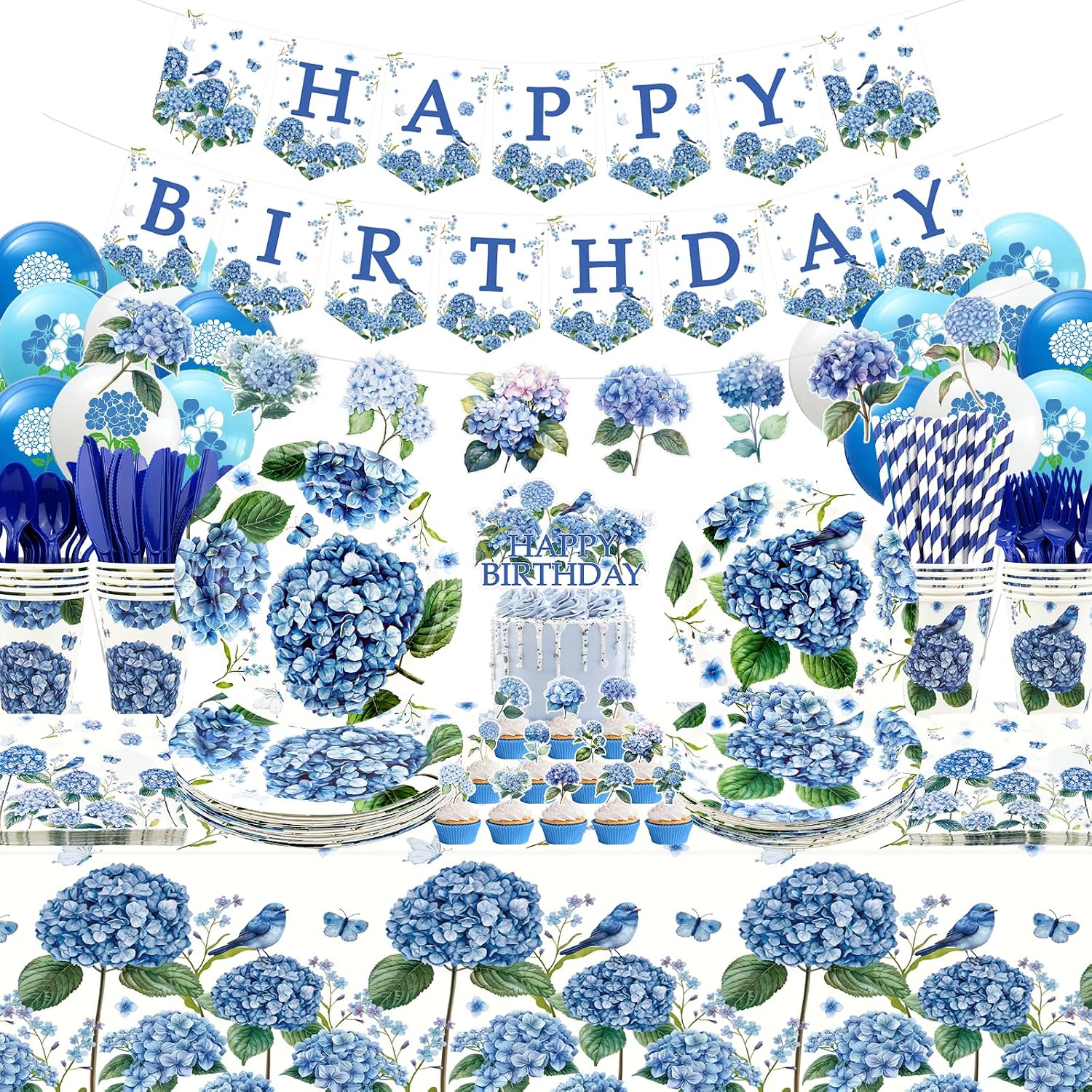 Blue Hydrangea Party Supplies ,Including Happy Birthday Banner, Plates, Cups, Napkins, Tablecloth, Straws, for Wedding Birthday Tea Party Decorations Serves 20 Guests