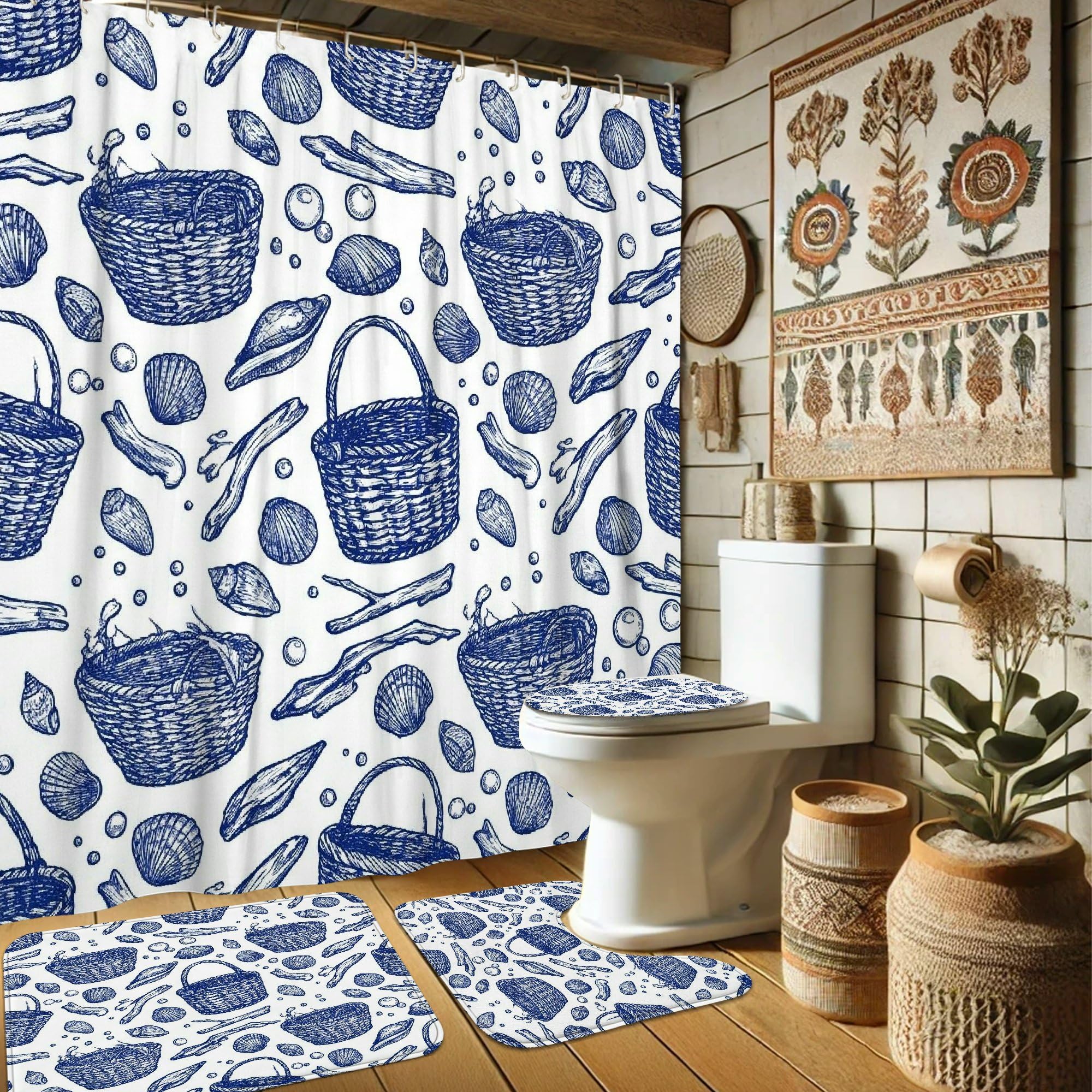 Rideau de douche en tissu imperméable 183x183 avec tapis de bain