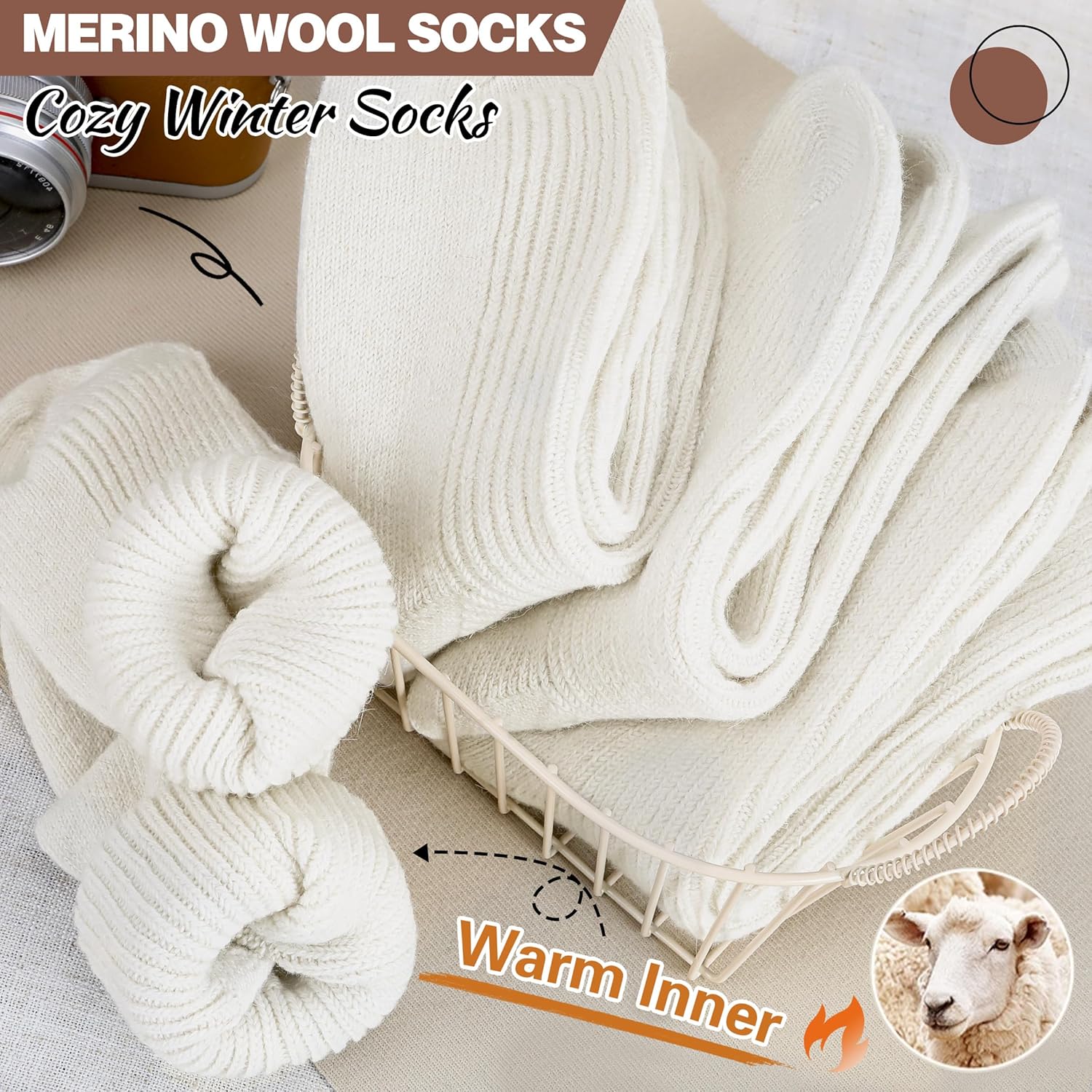 Women White Merino Wool Slouchy Boot Socks Warm Winter Thermal Slouch Scrunch Cozy Knit Comfy Hiking Work Gifts Socks 5 Pairs Stocking Stuffers(W,L) - Image 2