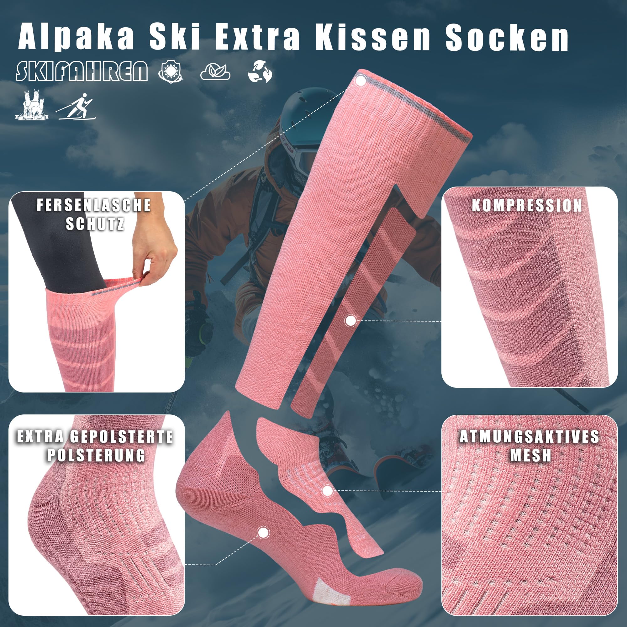Alpaka Skisocken Herren Damen Thermosocken Kniestrümpfe 2 Paar Wolle Snowboard Socken Dicke Winter Warme Outdoor Sportsocken Kompressionsstrümpfe Extra Kissen Schweißabsorbierend Atmungsaktiv 35-51