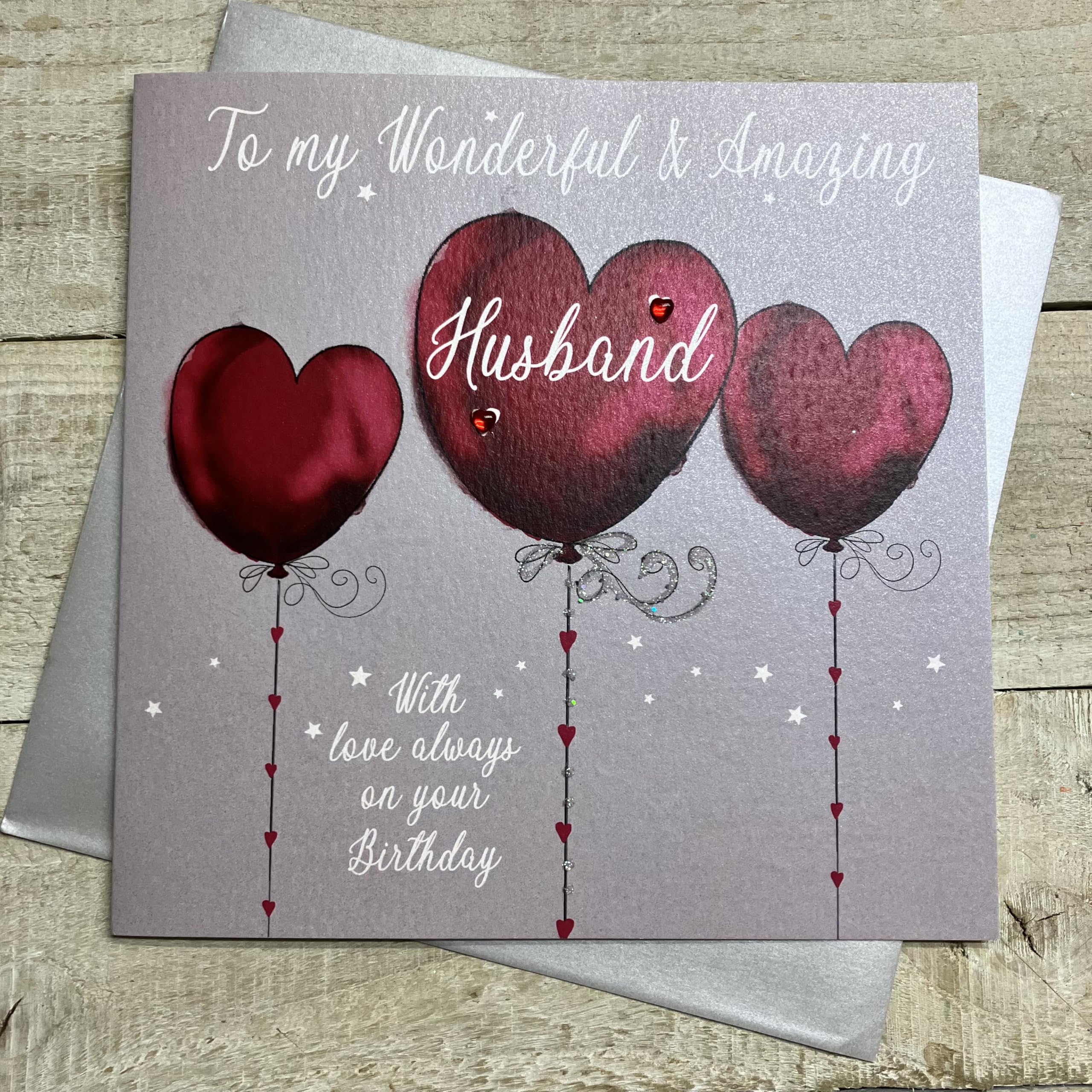 WHITE COTTON CARDS HUSBAND - 3 RED HEART BALLOONS LARGE BIRTHDAY CARD, HANDMADE (XDB108)