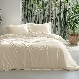 Bedsure Silky Cooling Duvet Cover King Size - Lightweight 100% Rayon Derived from Bamboo Comforter Cover Set for Hot Sleepers, Breathable & Moisture-Wicking Bedding Set, Light Beige