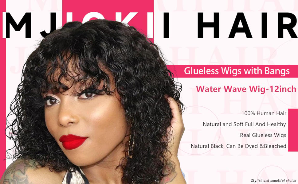 Short Water Wave Human Hair Wig with Bangs Glueless Brazilian Virgin Hair 12 Amazon.com : Mjiokii Short Water Wave Human Hair Bob Wigs  main image 4
