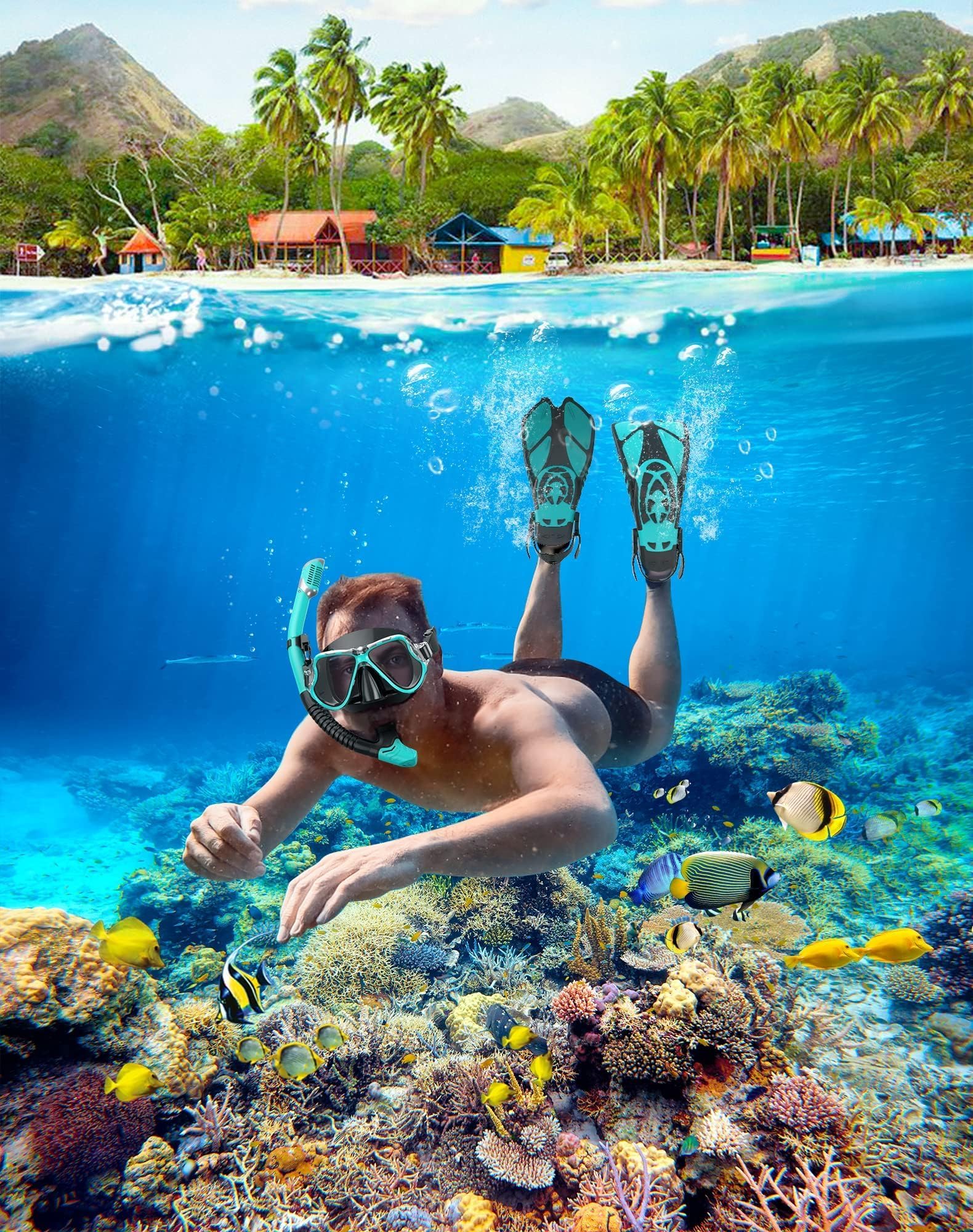 Schnorchelset Erwachsene 3-in-1,Anti-Fog & Leck Tauchmaske mit gehärtetem Glas, Dry Top Schnorchel & verstellbare Flossen – Schnorchelausrüstung für Schwimmen & Reisen