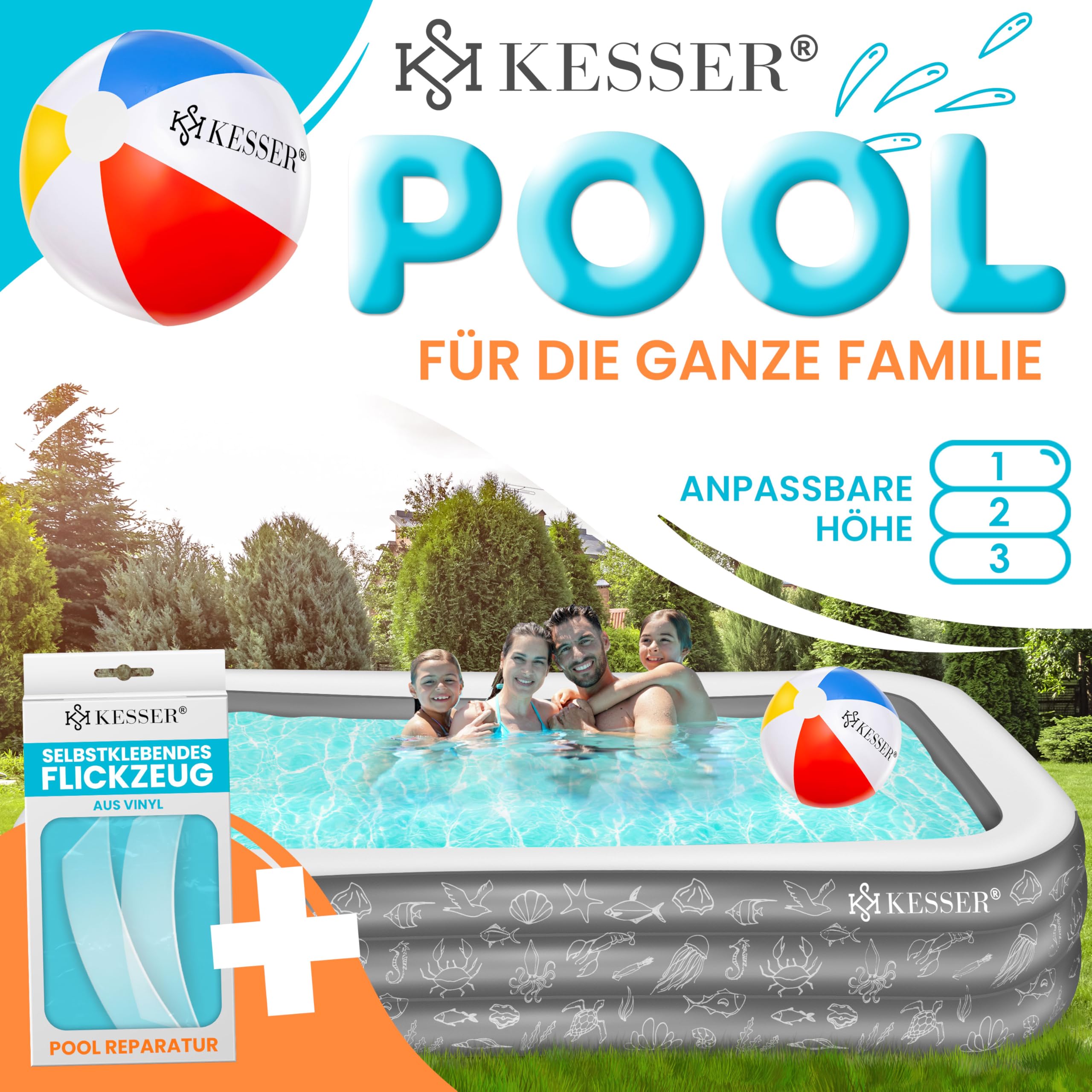 KESSER Aufblasbarer Pool Familienpool 240x142x56 cm 613 Liter Planschbecken inkl. Flickzeug & Ball