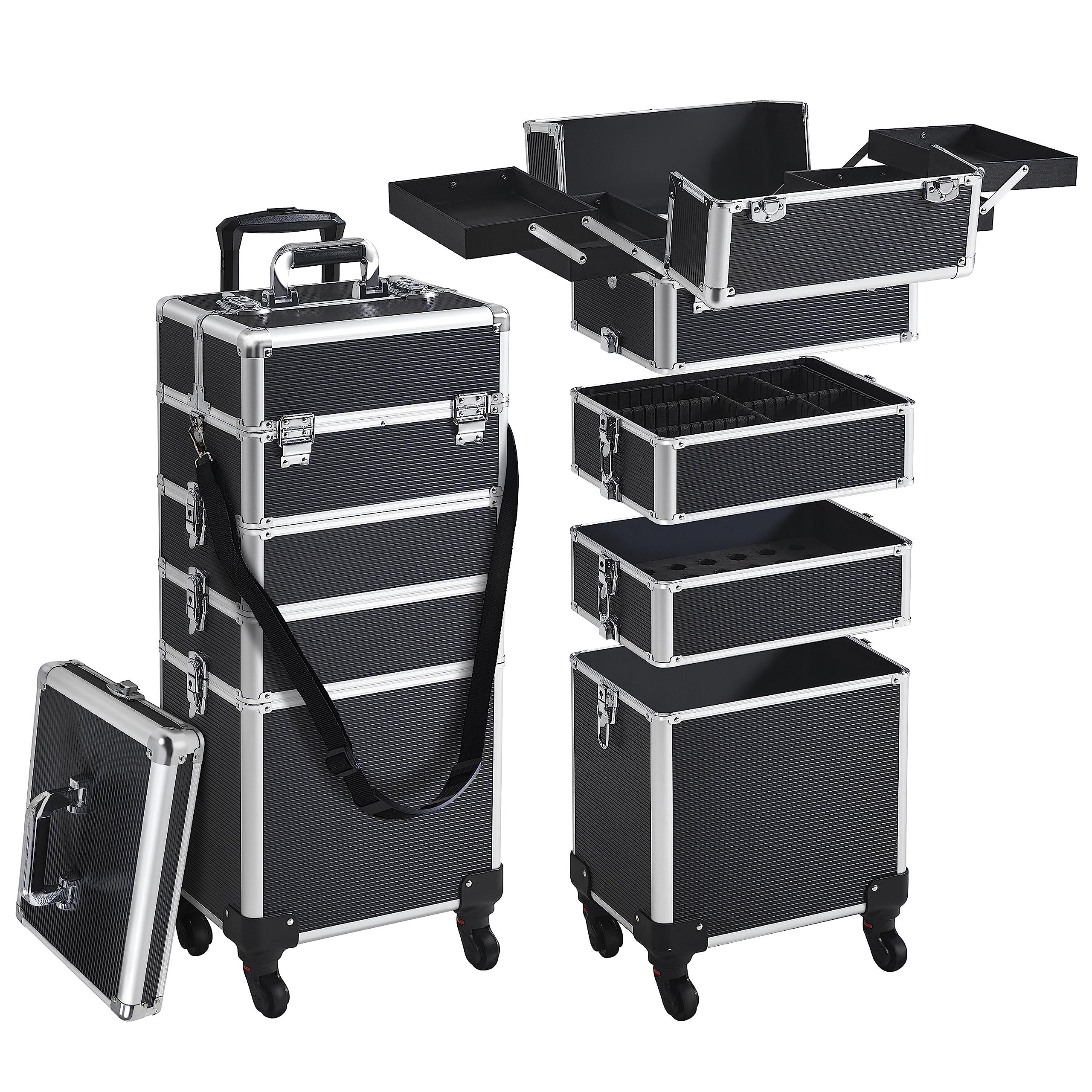 Abician Valise de Maquillage 5 en 1 Mallette Cosmétique Grand avec Couvercle Valise Manucure Esthétique Alliage d'aluminium Valise de Beauté Professionnelle pour Voyage, Coiffeuse Noir