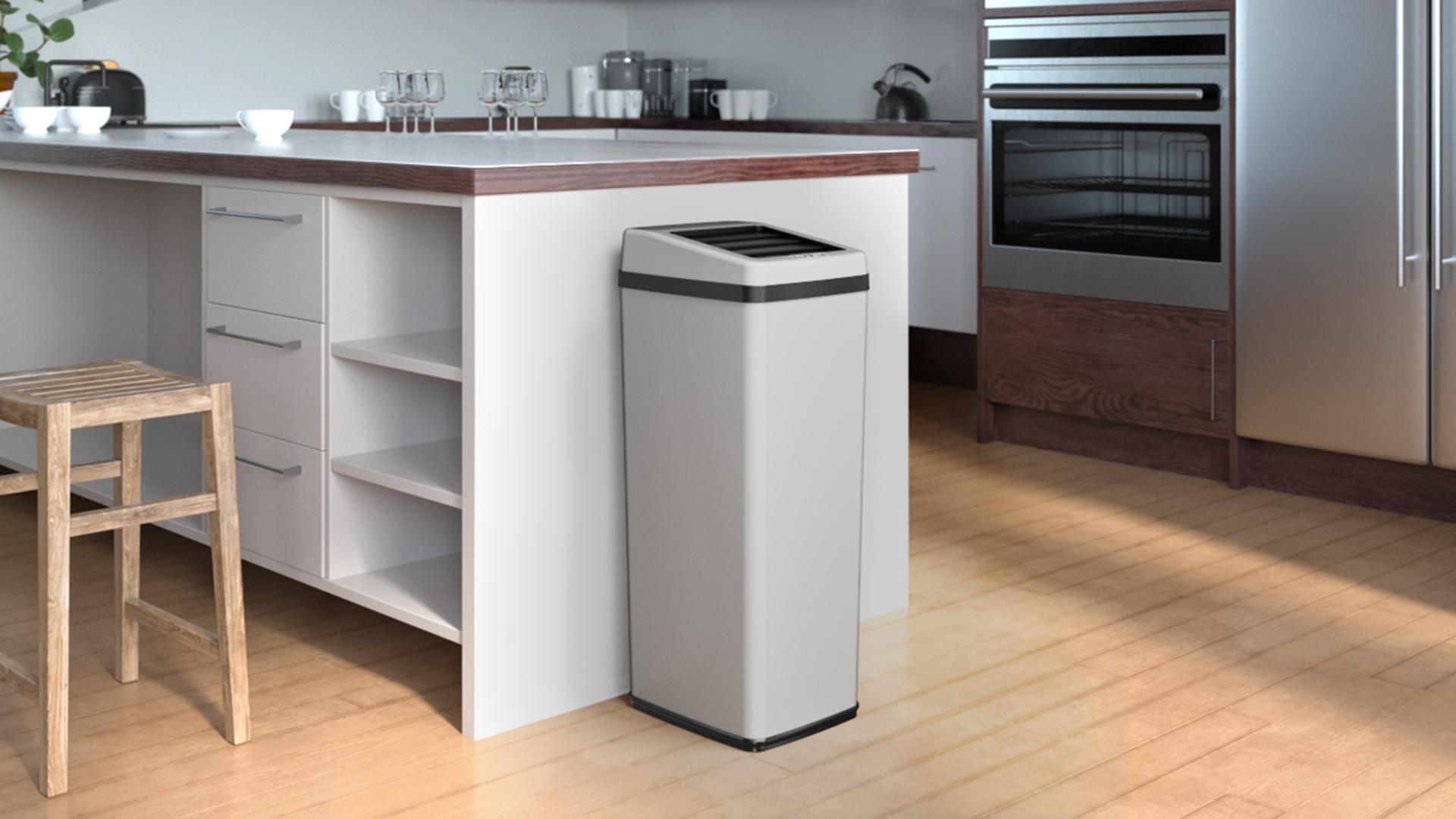 Image of iTouchless 14 Gallon Slide Open Lid Kitchen Trash Can with, Motion Sensor White Stainless Steel Rectangular Trashcan for Home Office Work Bedroom Living Room Garage Large Capacity Slim Wastebasket