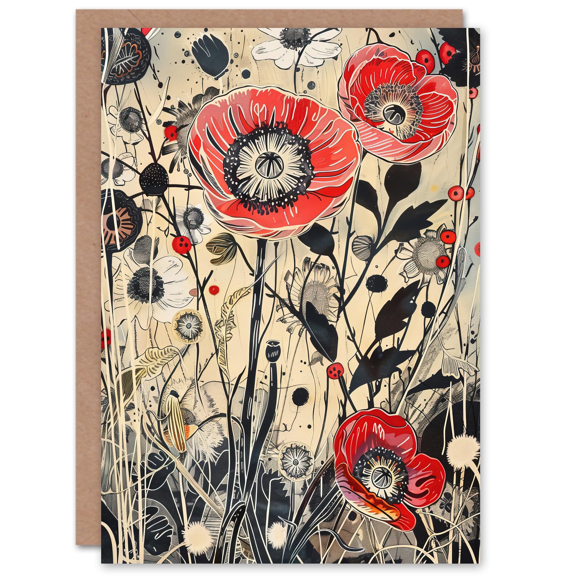 Artery8 Greeting Card Wildflower Field Spring Poppy Flowers Painting Blank For All Him Or Her Art Birthday Card