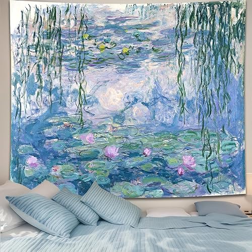 Monet Waterlily - Póster vintage, tapiz de pared de plantas florales azules para dormitorio, hombres, pequeño estanque rosa natural para colgar en