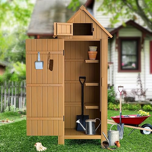 TOETOL Cobertizo de almacenamiento al aire libre con piso, gabinete de almacenamiento de herramientas de jardín de madera, kit de casa de 70