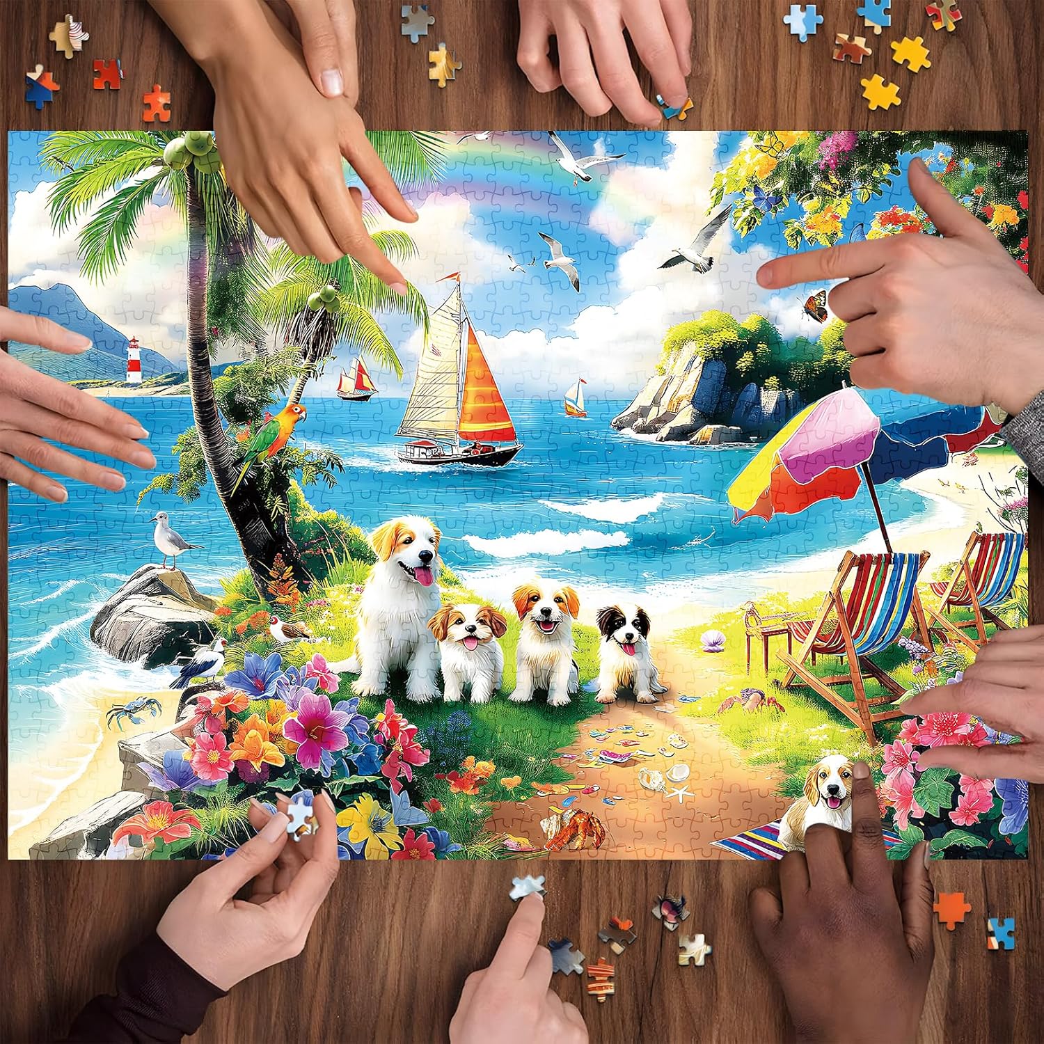 300 Piece Puzzles for Adults, 300 Piece Puzzles for Adults Large Piece, Beach Dogs Flowers Rainbow Jigsaw Puzzle, Challenging Puzzle Perfect for Game Nights, 20.5 X 15 in