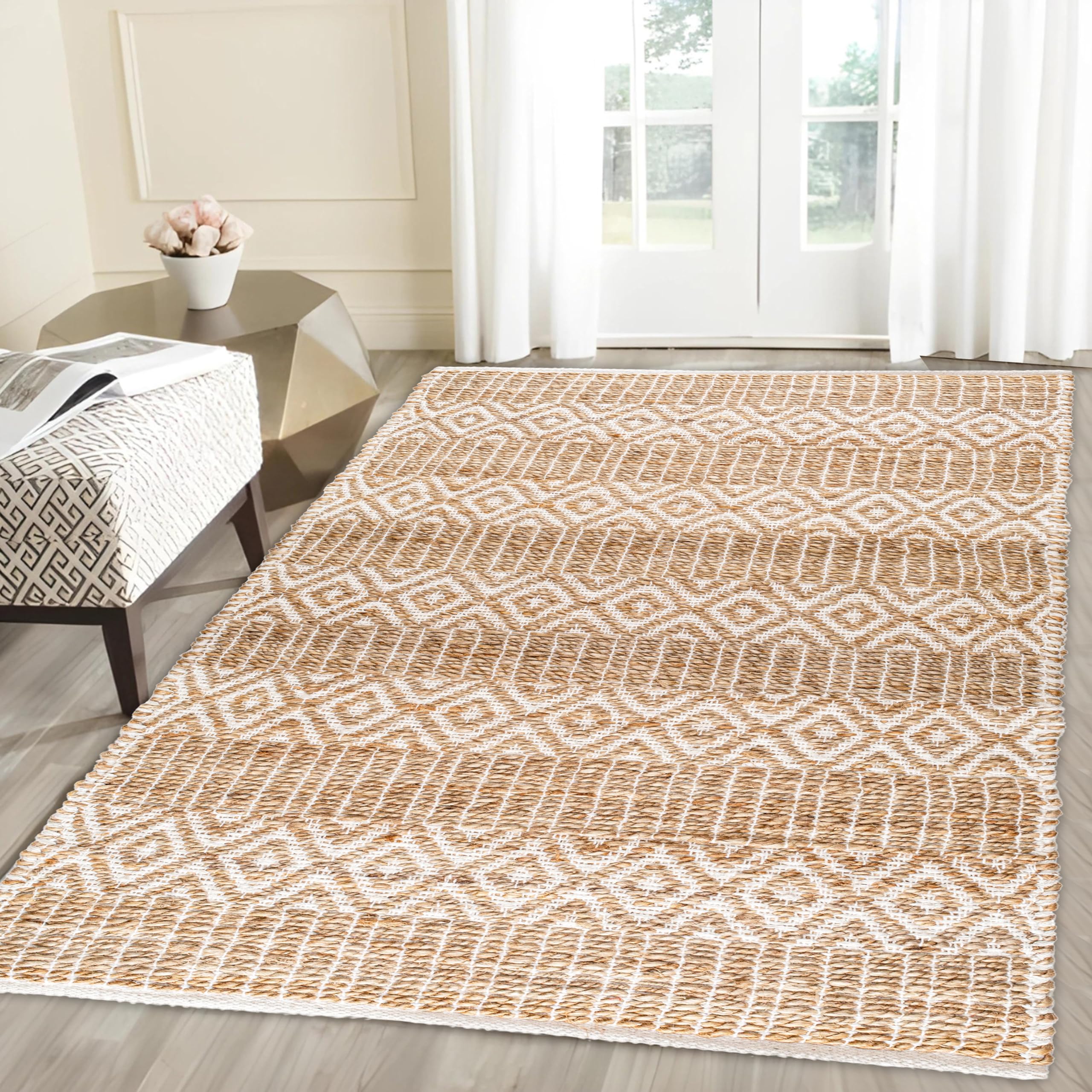 Jute Cotton Handloom Rug 4x6 Feet Floor Mat 48x72 Inch Farmhouse Area ...